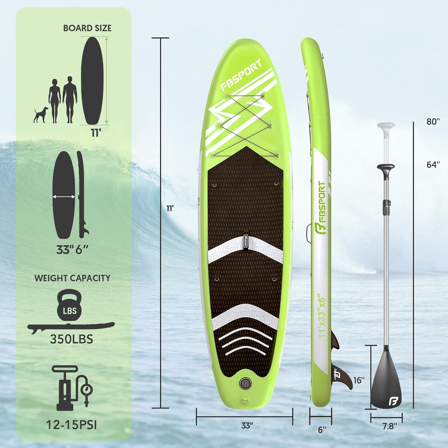 FBSPORT 11' Premium Stand Up Paddle Board, Yoga Board with SUP Accessories & Carry Bag | Wide Stance, Surf Control, Non-Slip Deck, Leash, Paddle and Pump for Youth & Adult