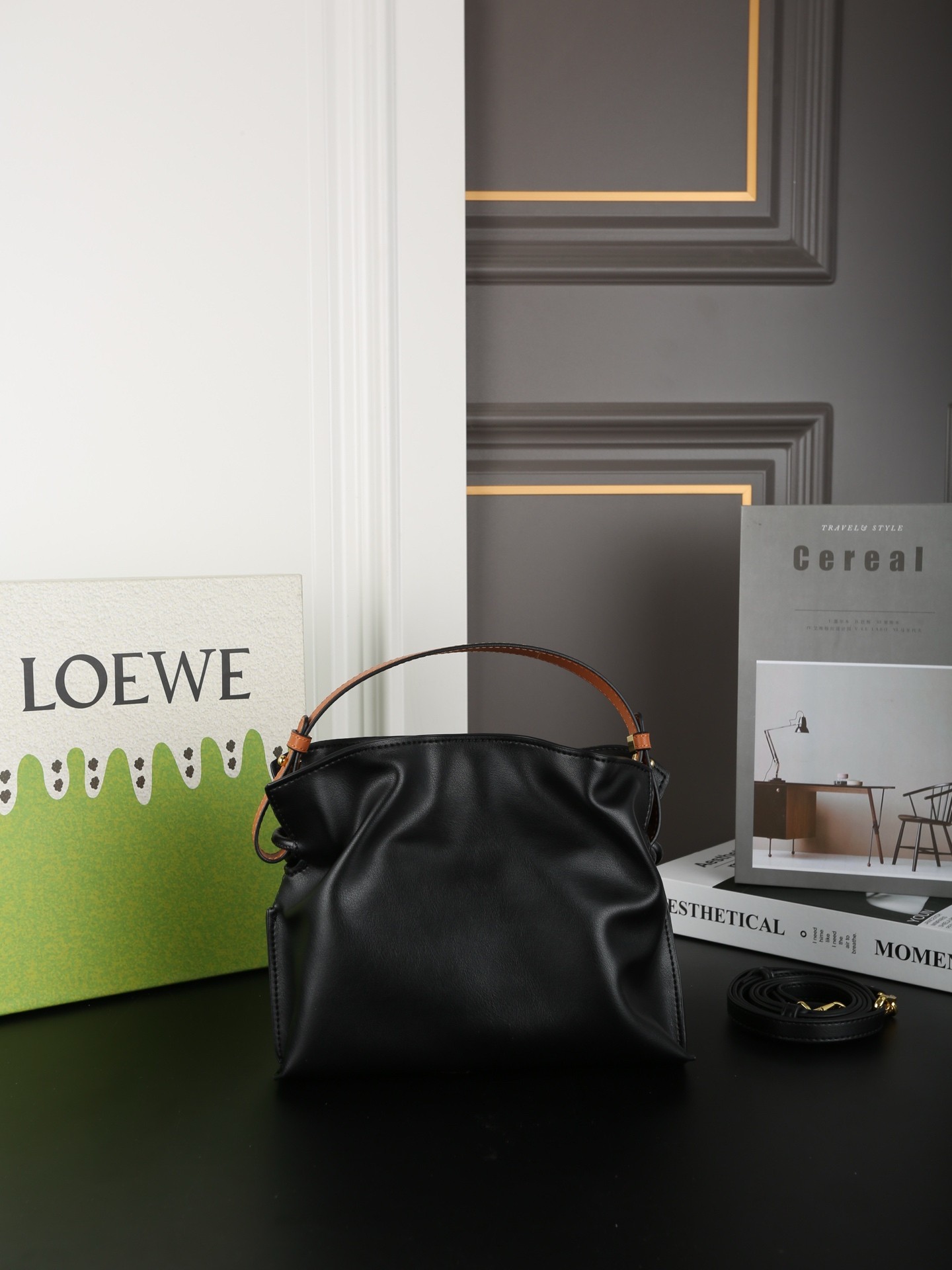 Loewe Black Mini Flamenco Clutch Drawstring Knots Nappa Leather Magnetic Closure Handle Bag - KAIROO