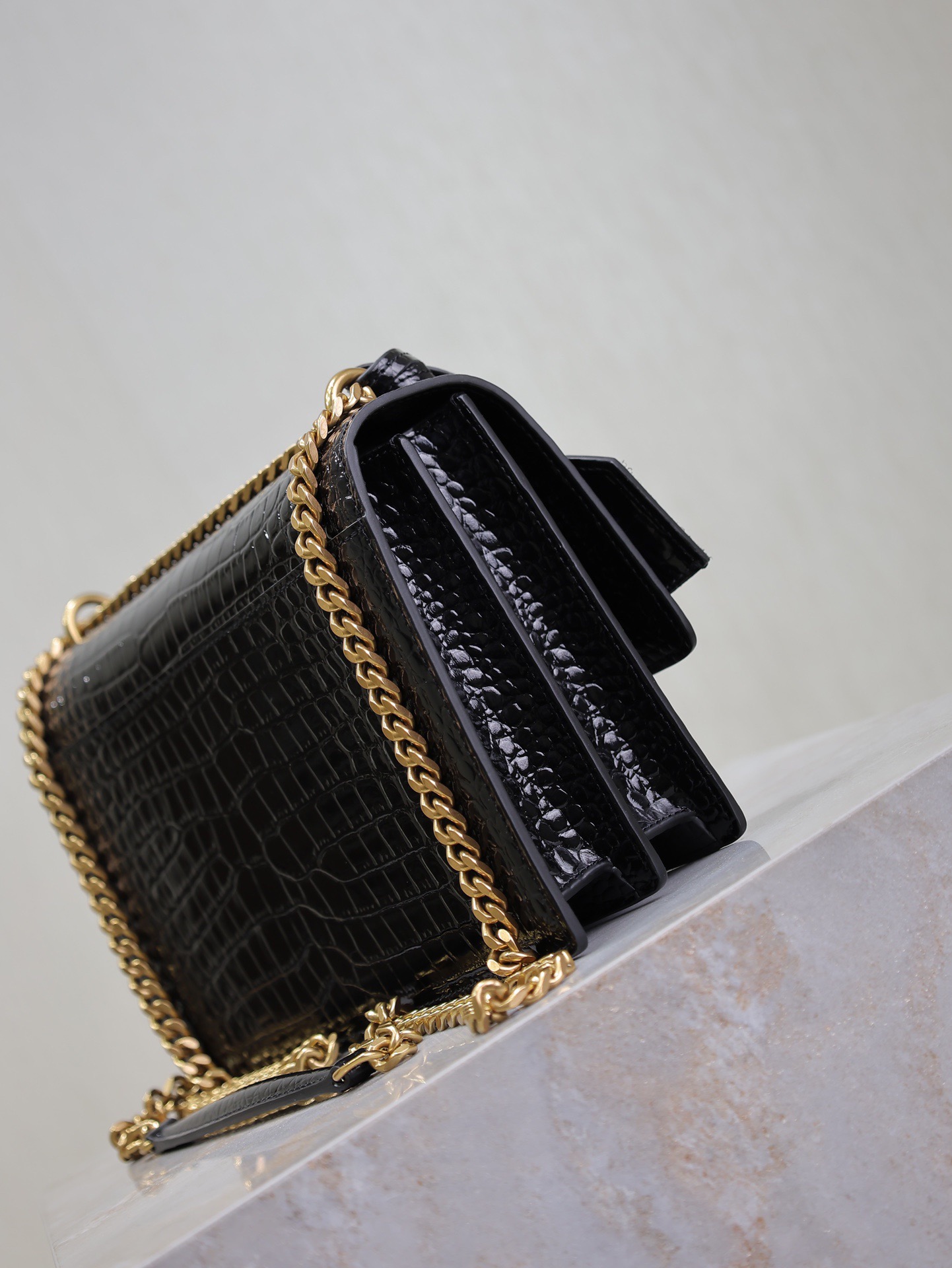 Saint Laurent YSL Black Crocodile Pattern Chain Shoulder Bag