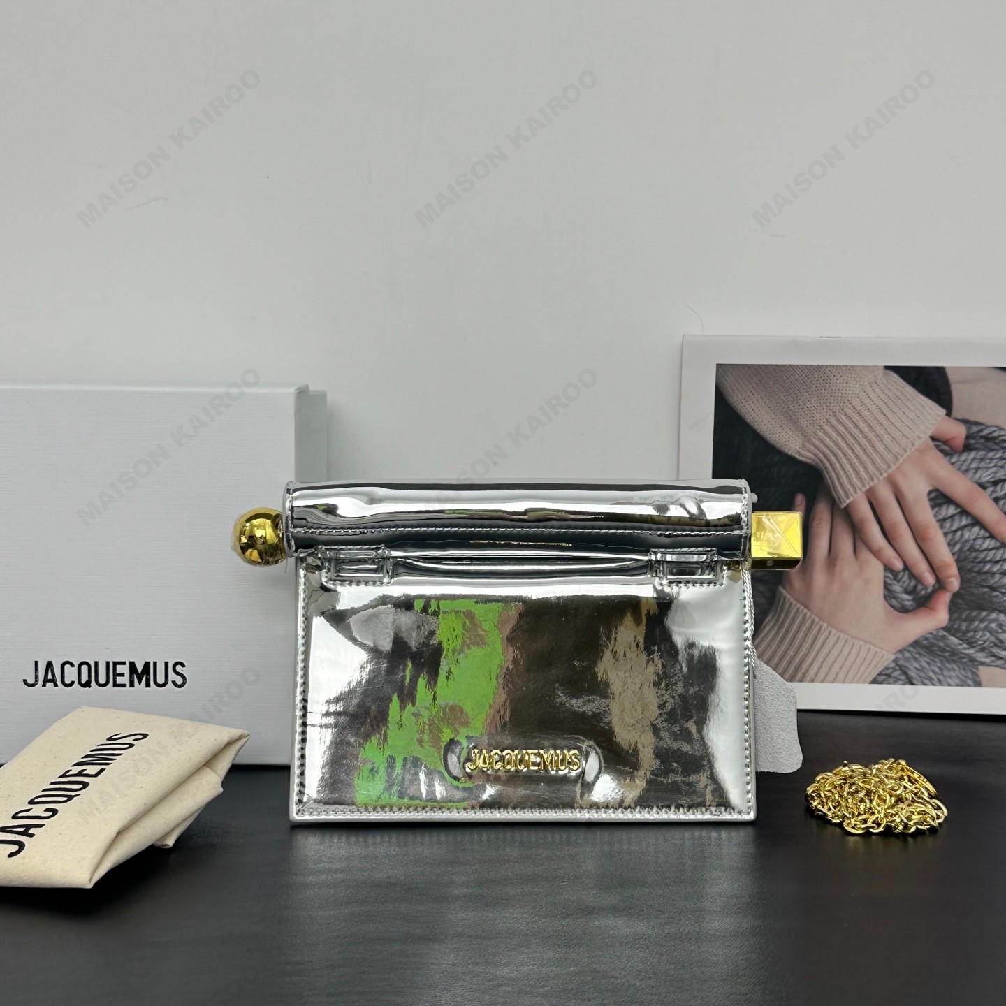 【10A】Jacquemus La Pochette Rond Carré Mirror Silver& Gold Leather Roll Top Takeout Clutch Shoulder Bag - KAIROO