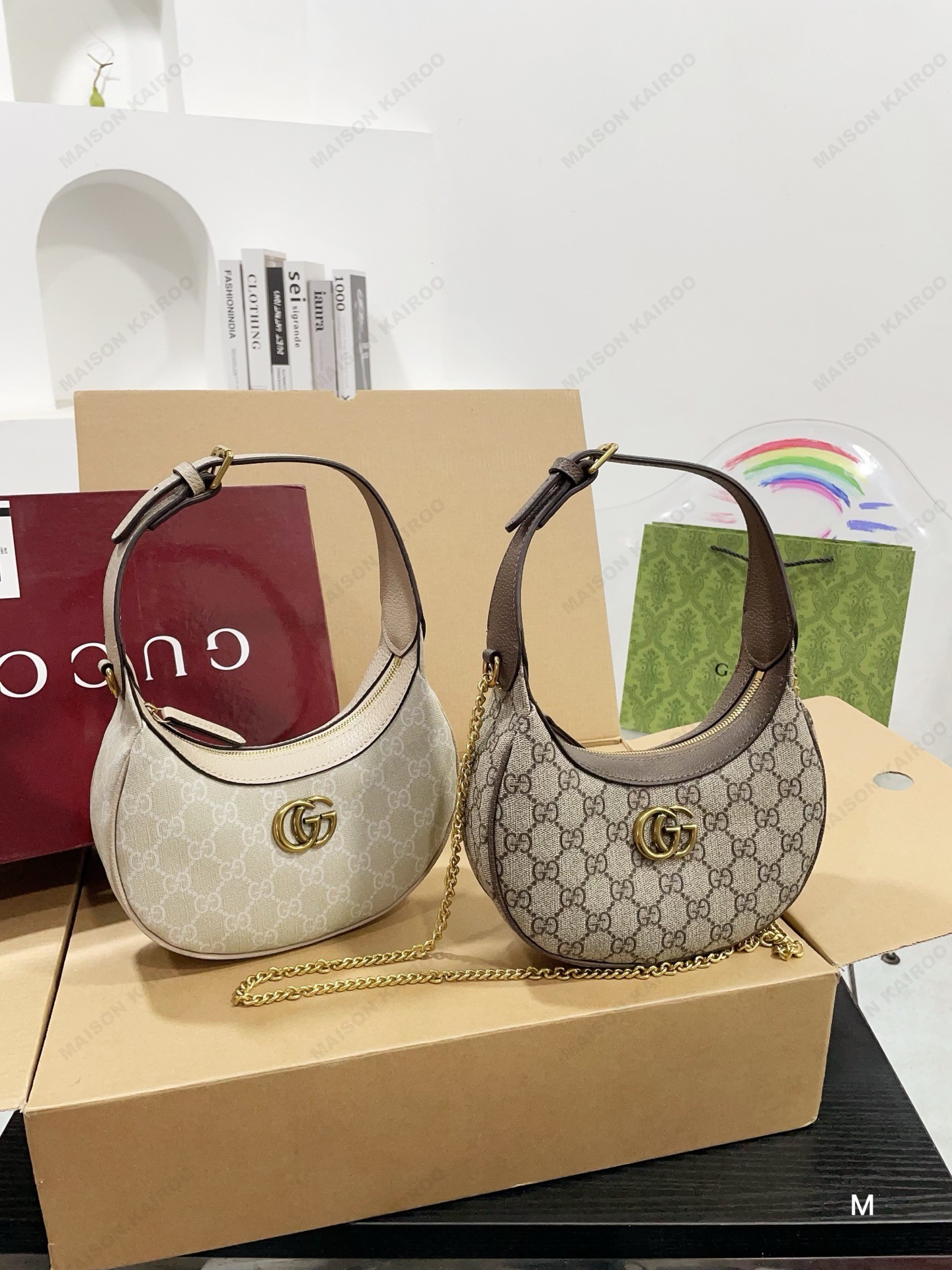 Gucci Ophidia GG Supreme Canvas Gold Logo Crescent Moon Hobo Underarm Shoulder Bag - KAIROO