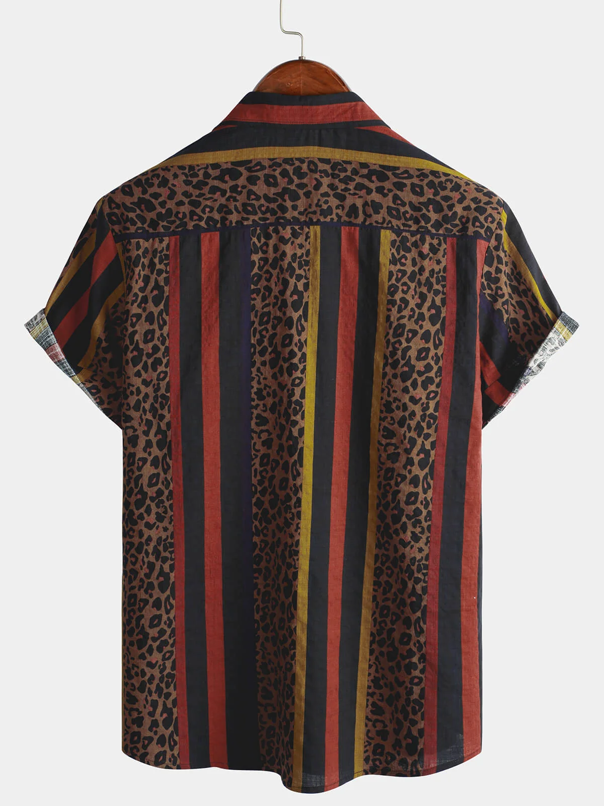 Men's Vintage Leopard Vertical Stripe Button-Up Short Sleeve Shirt