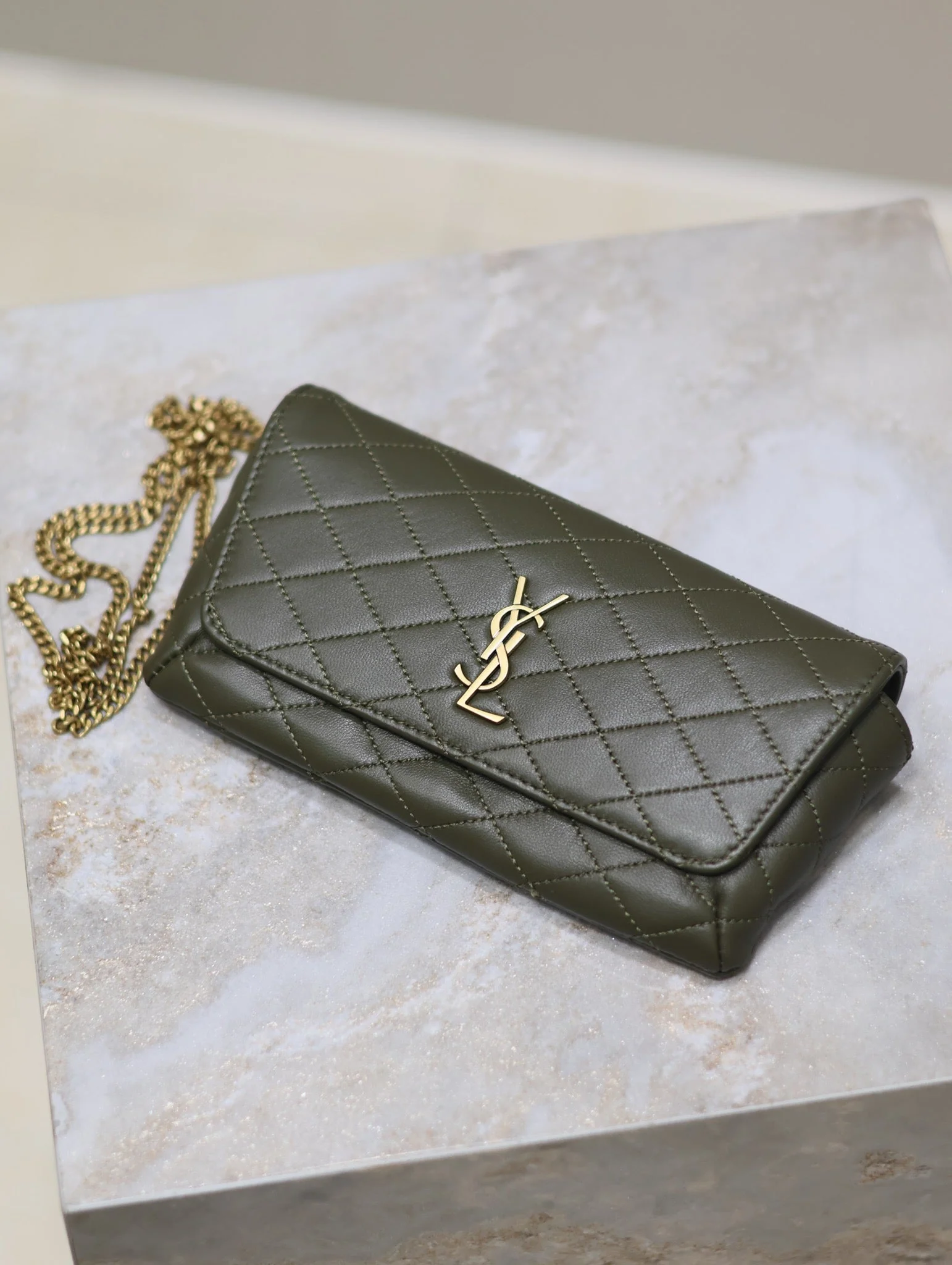 Saint Laurent YSL Gaby Phone Bag 19cm Olive Green Quilted Leather