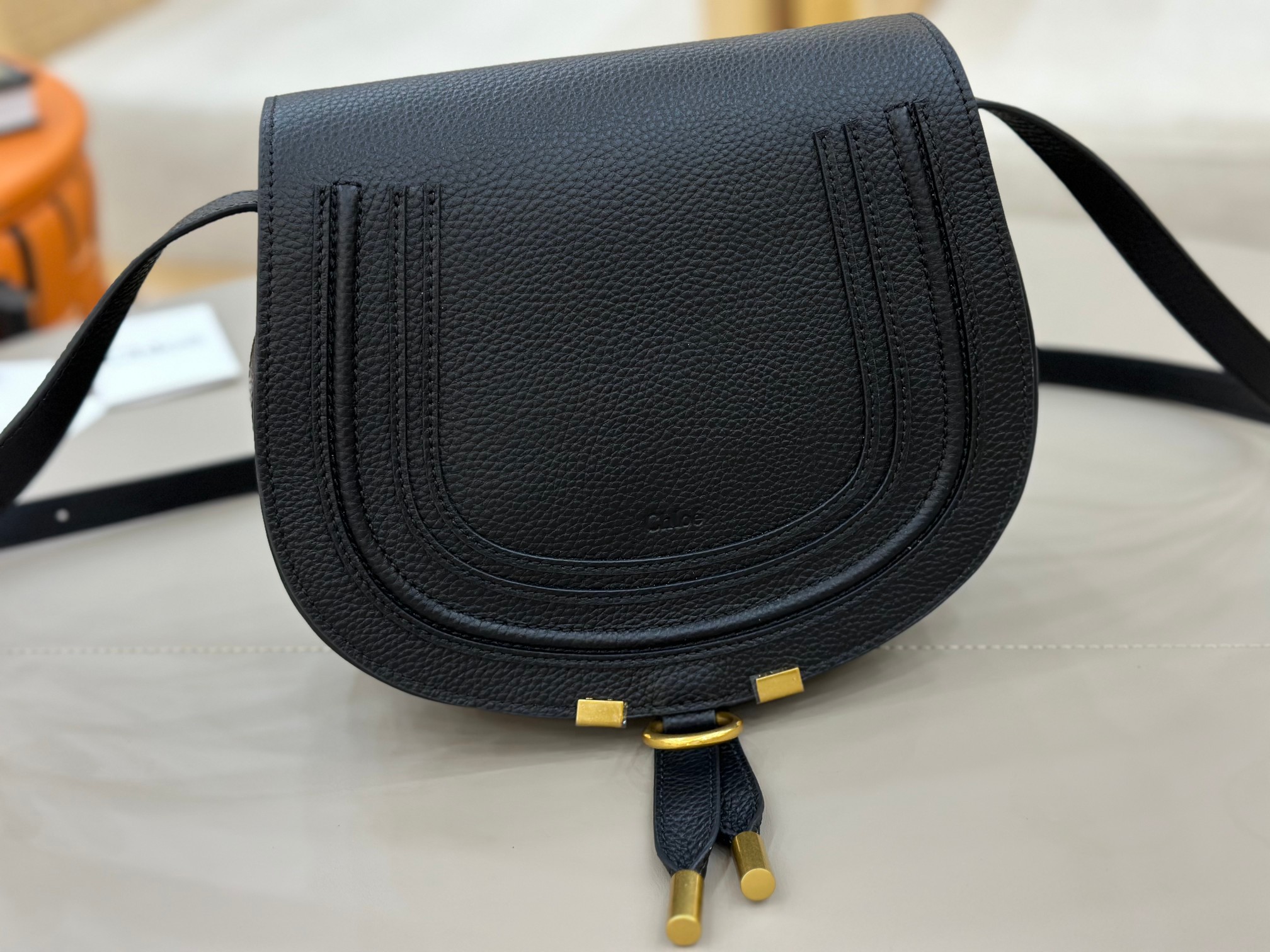 Chloe Marcie Saddle Bag in Grained Calfskin-Black