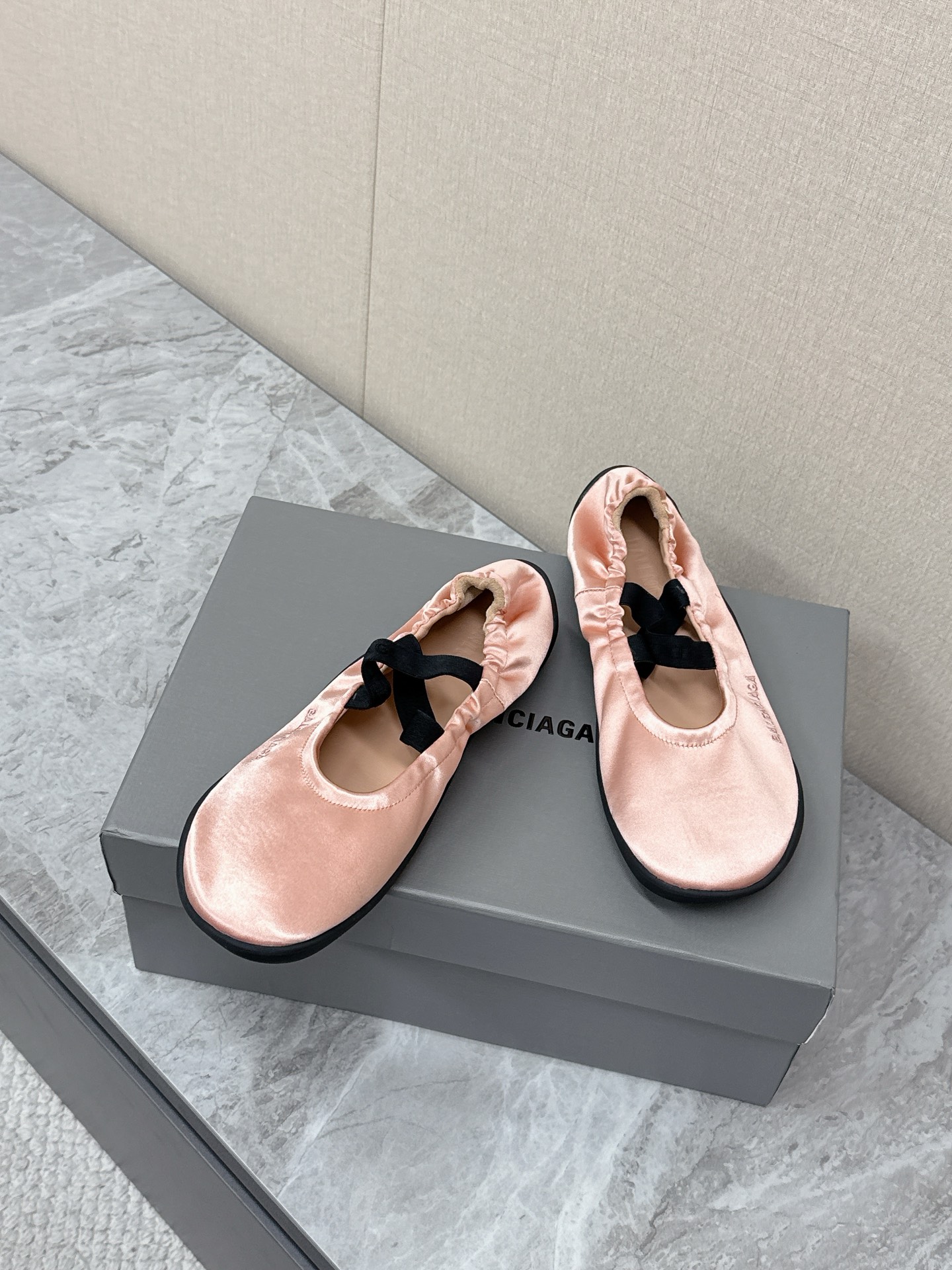 Balenciaga Leopold Pink Satin Elastic Strap Side Embroidered Logo Round Toe Ballet Flats - KAIROO