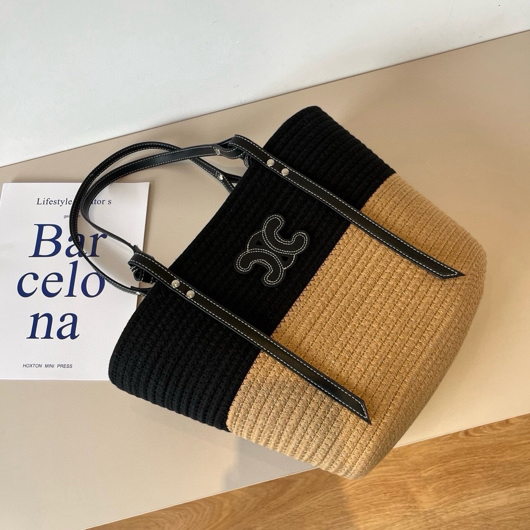 Celine Large Black And Beige Woven Raffia Leather Triomphe Patch Tote Basket Bag - KAIROO