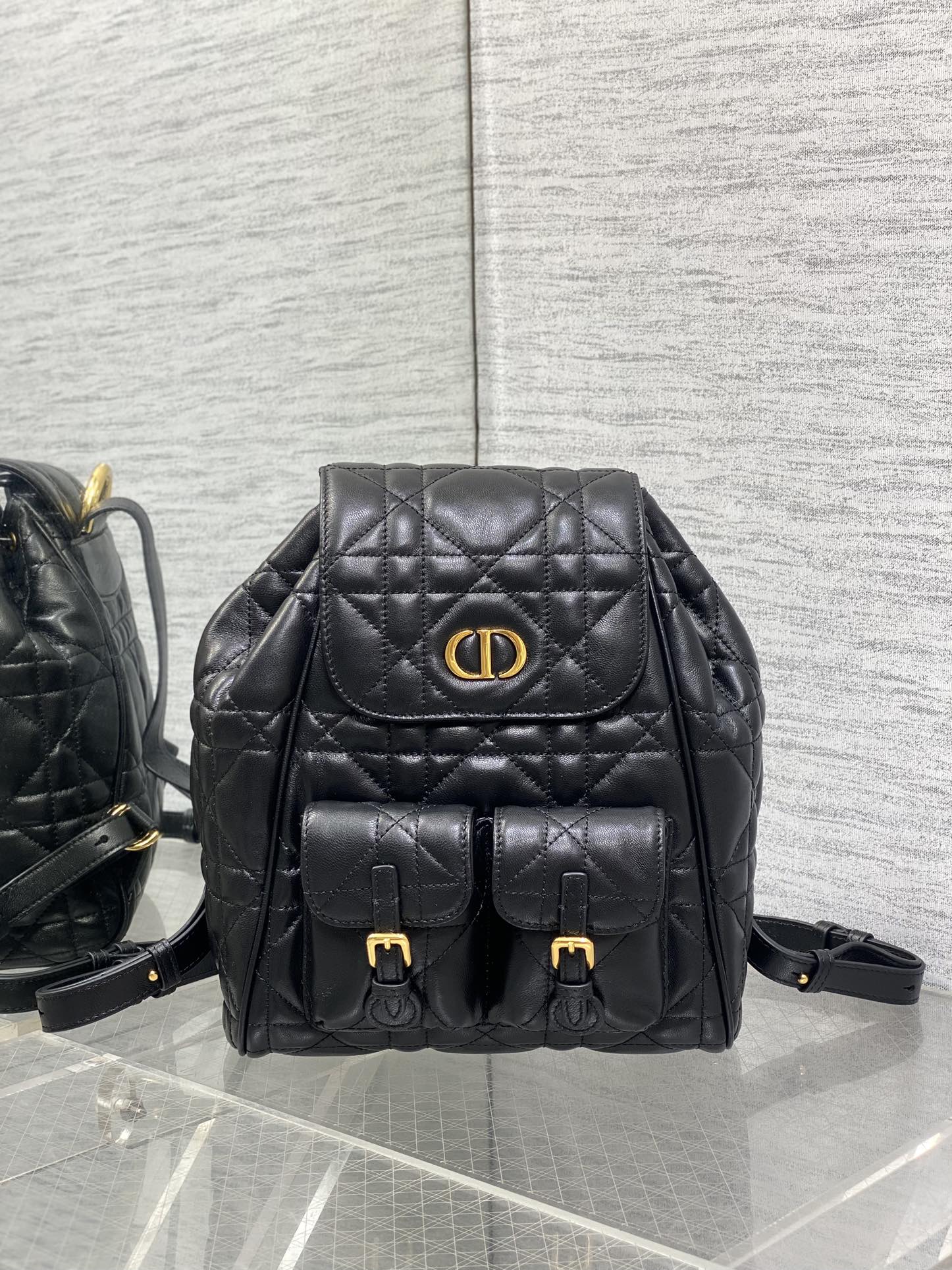 Dior Caro Small Backpack in Black Cannage Calfskin