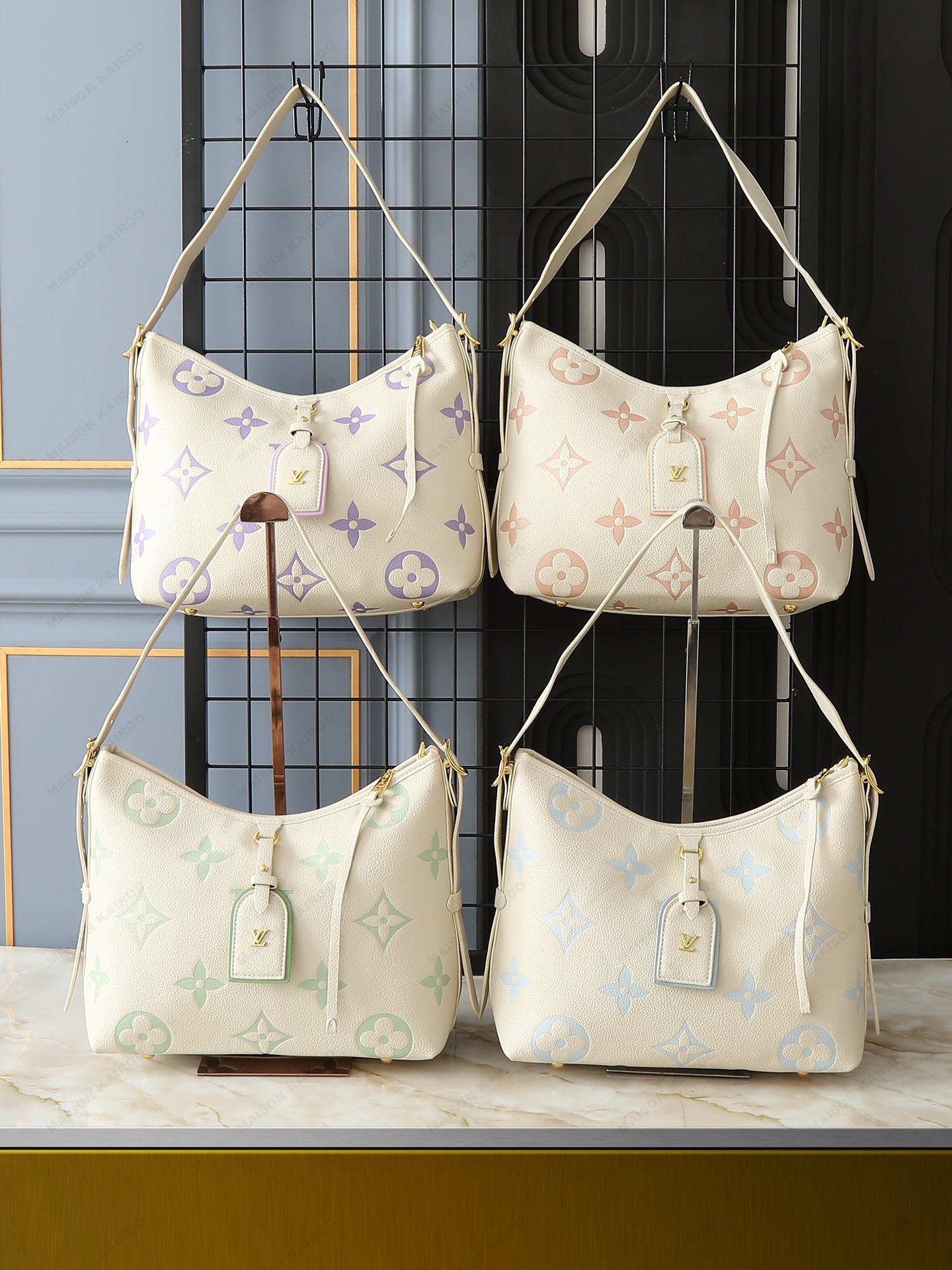 Louis Vuitton LV Carryall PM Pastel Cream Bicolor Big Monogram Embossed Leather Hobo Tote Shoulder Bag - KAIROO