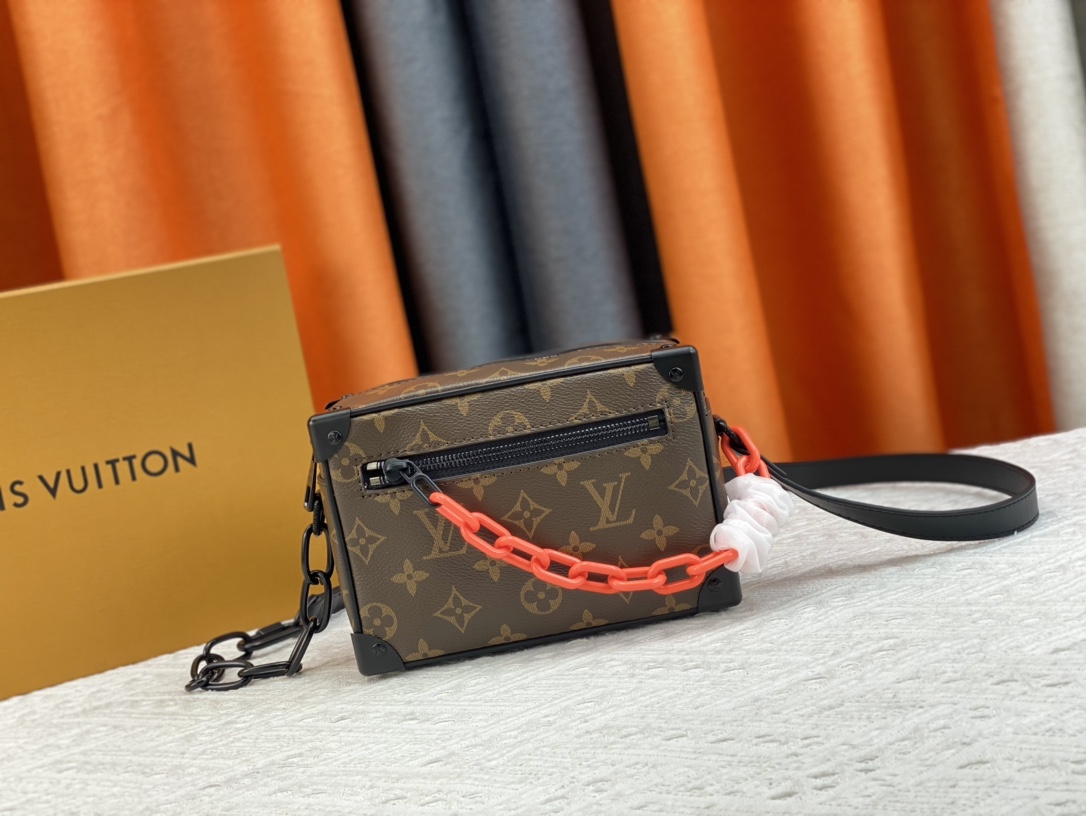 Louis Vuitton LV Mini Soft Trunk Monogram Canvas Black Trim Orange Thick Chain Crossbody Bag - KAIROO
