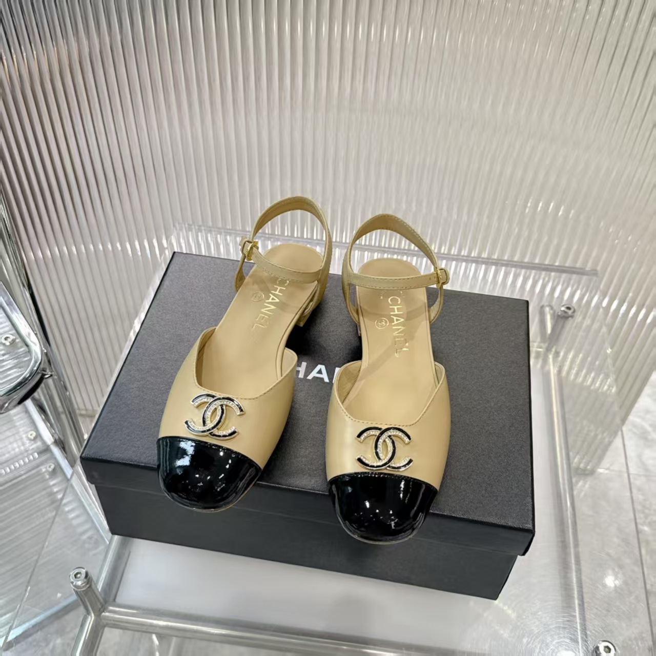 Chanel Beige Two-Tone Square Toe Leather Pearl Buckle Mary Janes Flats - KAIROO