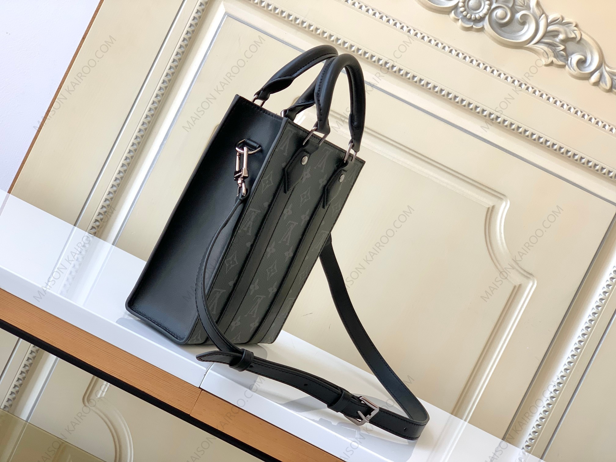 Louis Vuitton LV Sac Plat BB Black Eclipse Monogram Canvas Handheld Briefcase Vertical Tote Bag - KAIROO