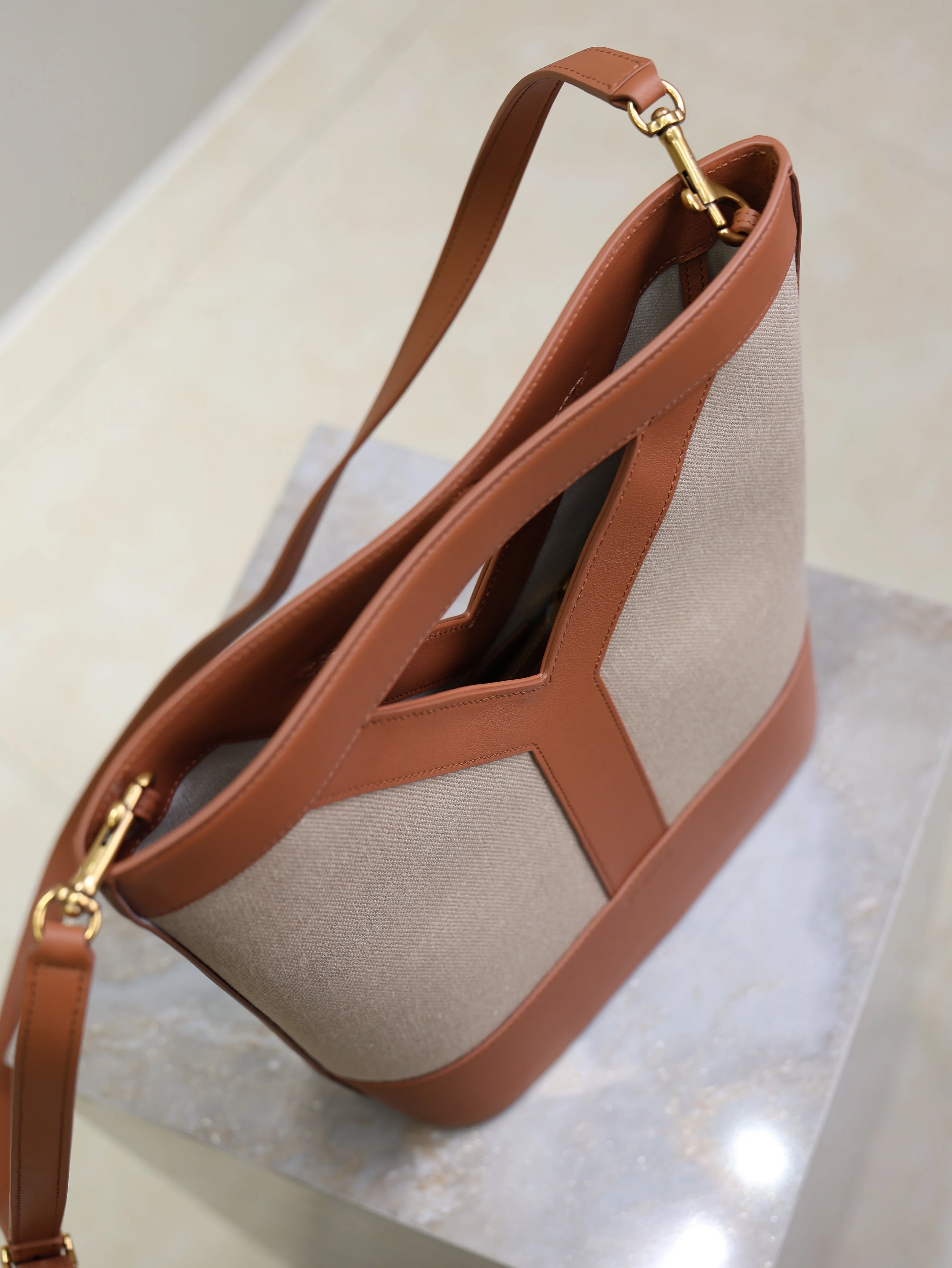 Saint Laurent YSL Small Bucket 23cm Caramel Beige Canvas Leather