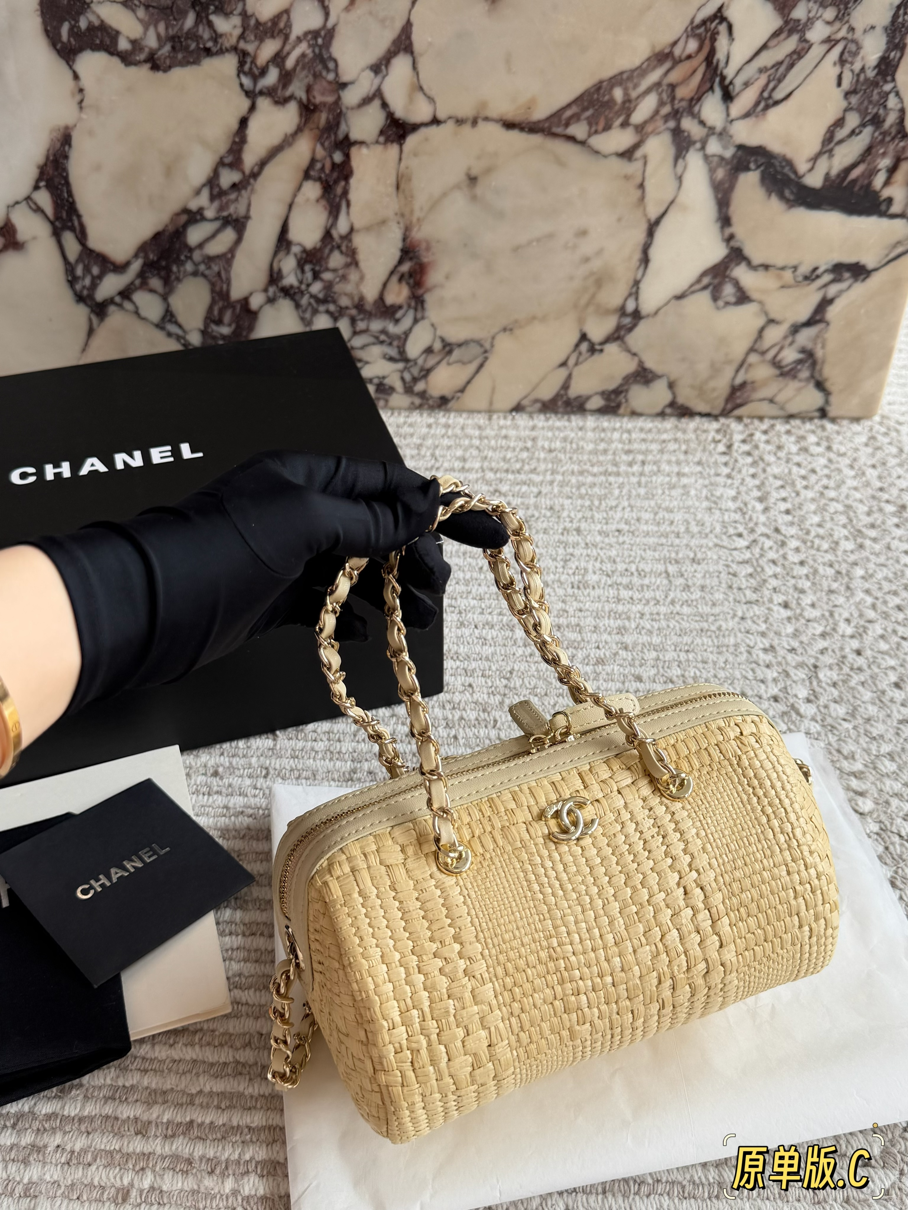 Chanel Mini Woven Straw Leather CC Logo Chain Top Handles Bowling Boston Shoulder Bag - KAIROO