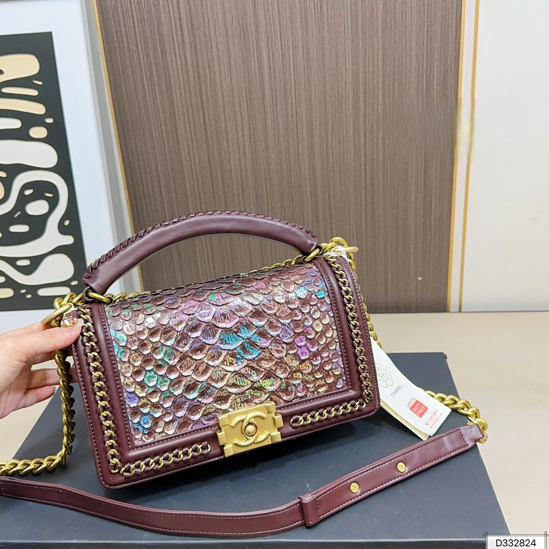 Chanel Le Boy Medium 25CM Iridescent Python Print Leather Chain Trimmed Top Handle Flap Shoulder Bag - KAIROO