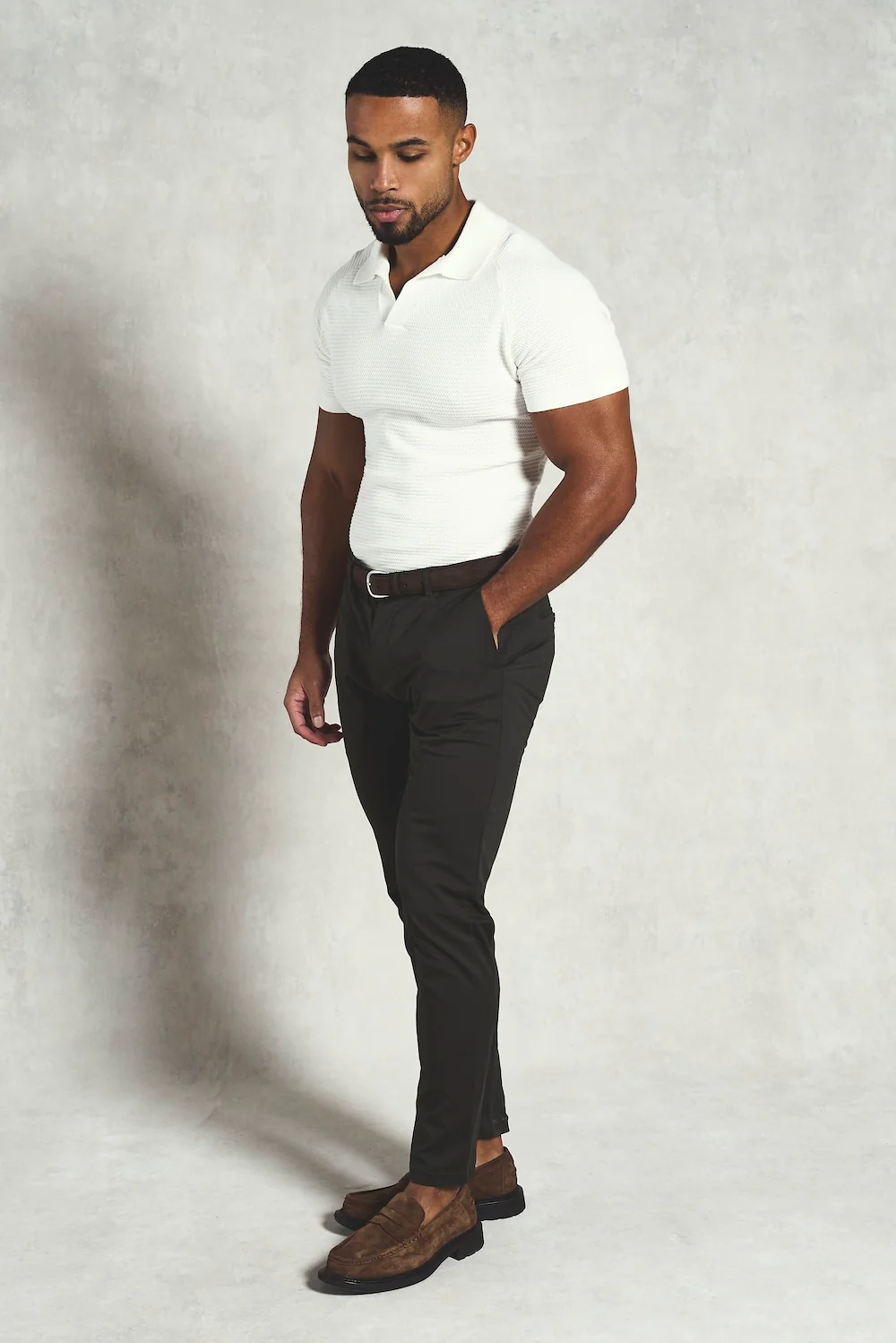 Textured Knitted Open Collar Polo Shirt in Off White