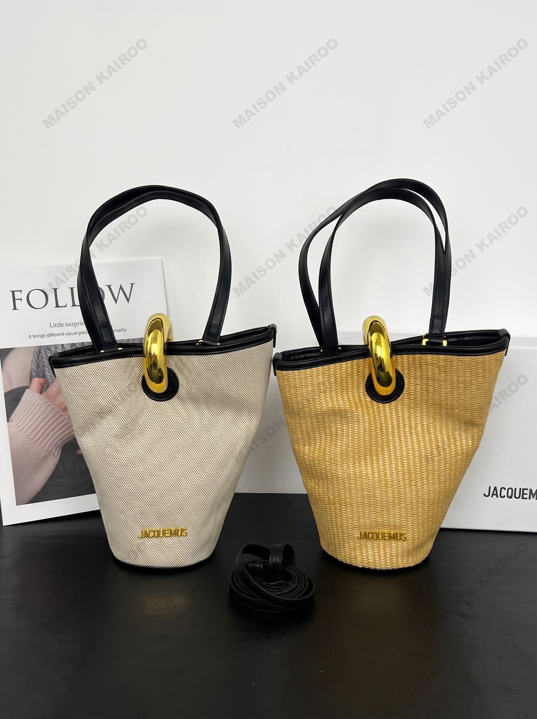 Jacquemus Le Petit Bambola Natural Woven Straw & Canvas Gold Ring Handle Tote Bucket Shoulder Bag - KAIROO