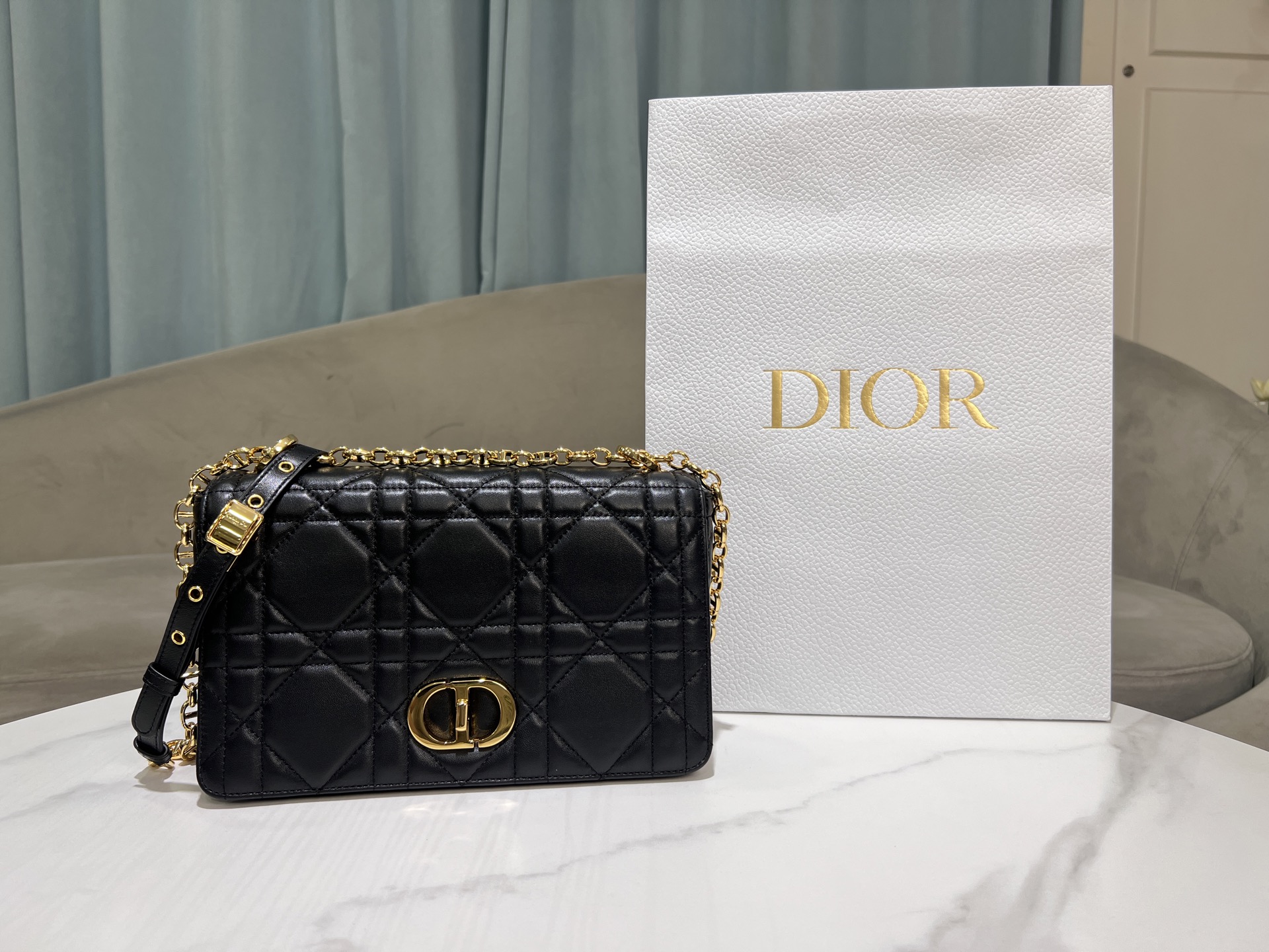 Medium Soft Dior Caro in Black Quilted Lambskin