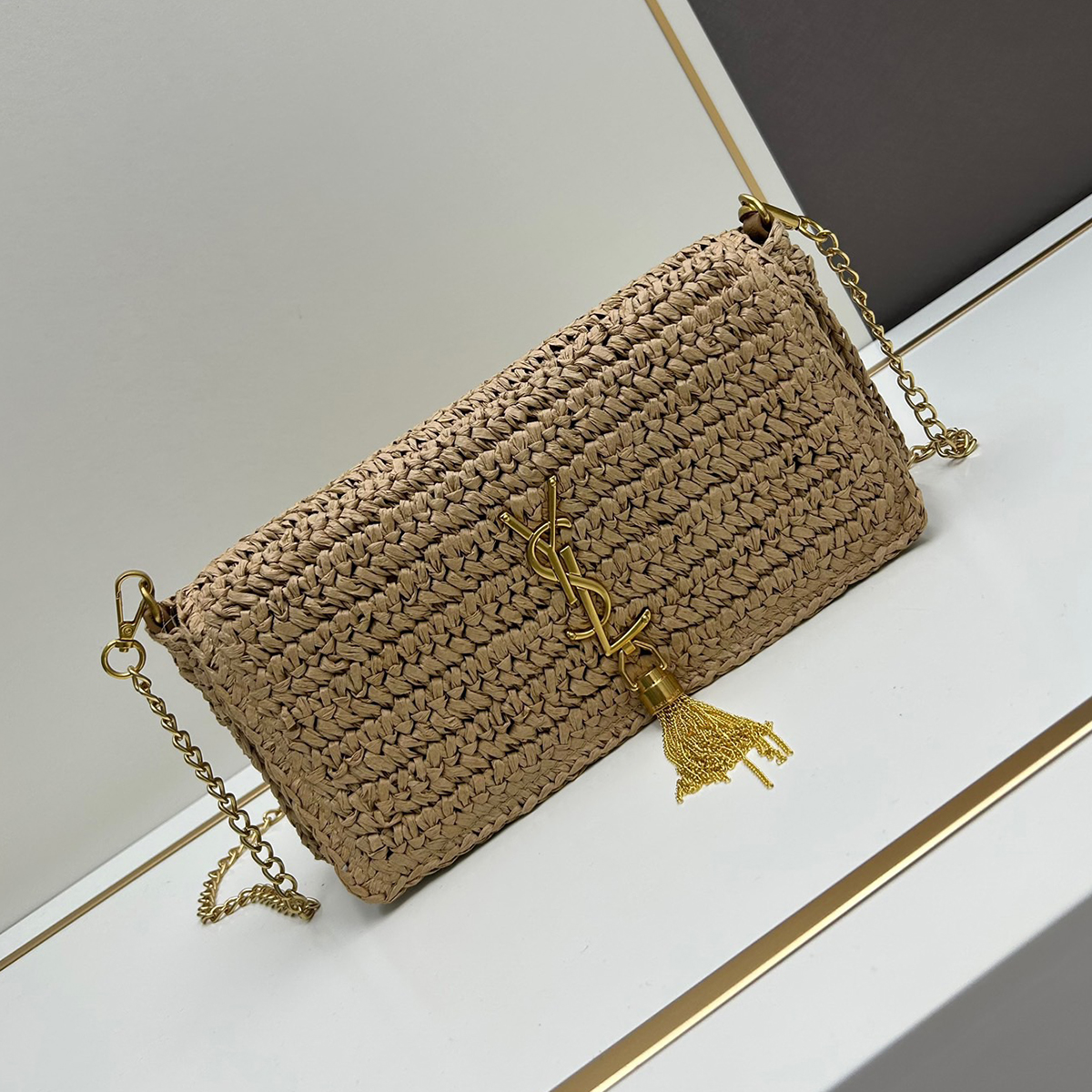 Saint Laurent YSL Kate 99 Shoulder Bag Dark Nude Raffia