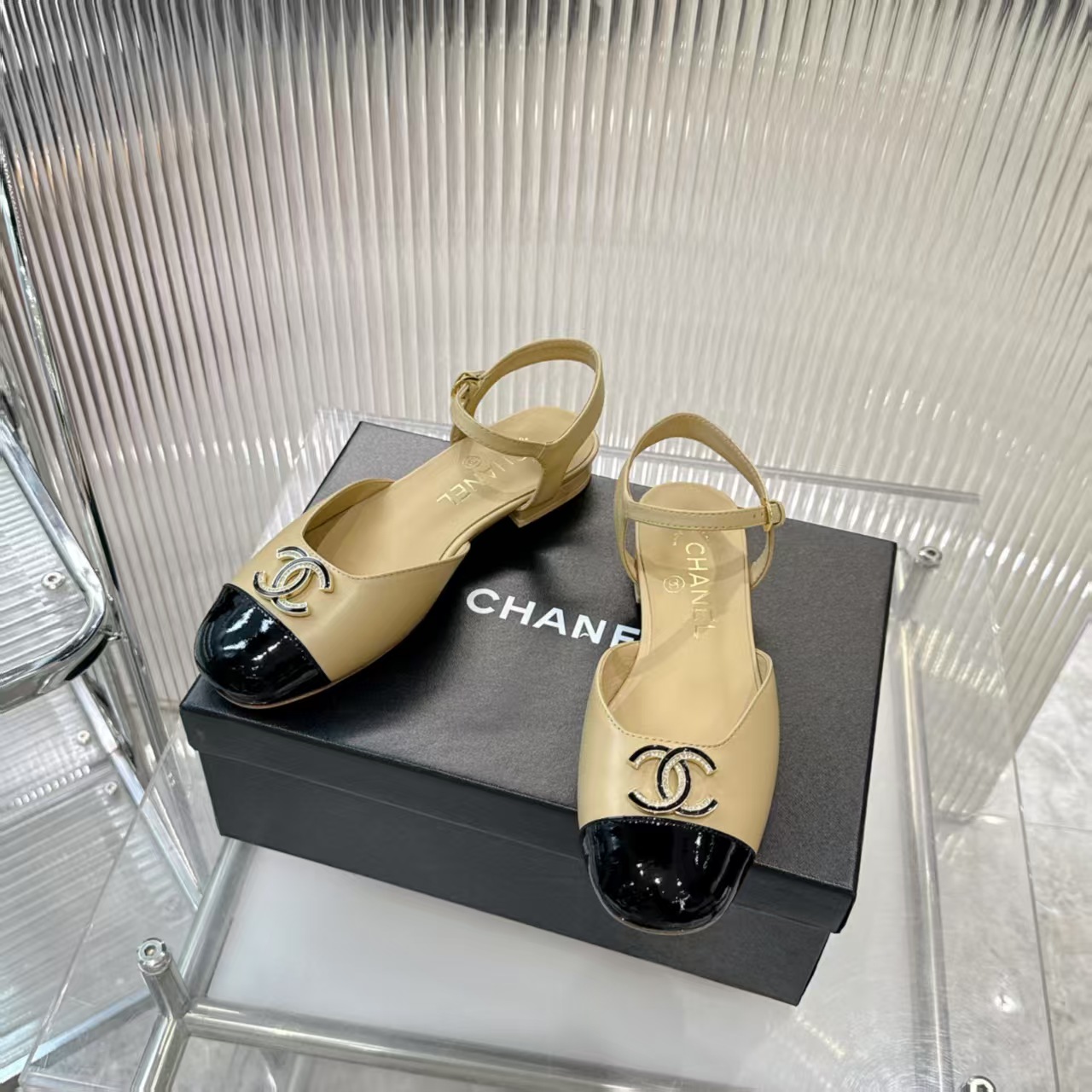 Chanel Beige Two-Tone Square Toe Leather Pearl Buckle Mary Janes Flats - KAIROO
