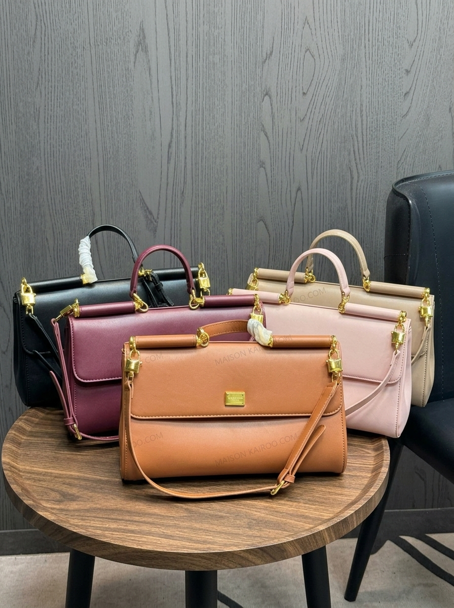 DOLCE & GABBAN DG East West Sicily Medium Smooth Leather Gold Logo Plate Top Handle Bag - KAIROO