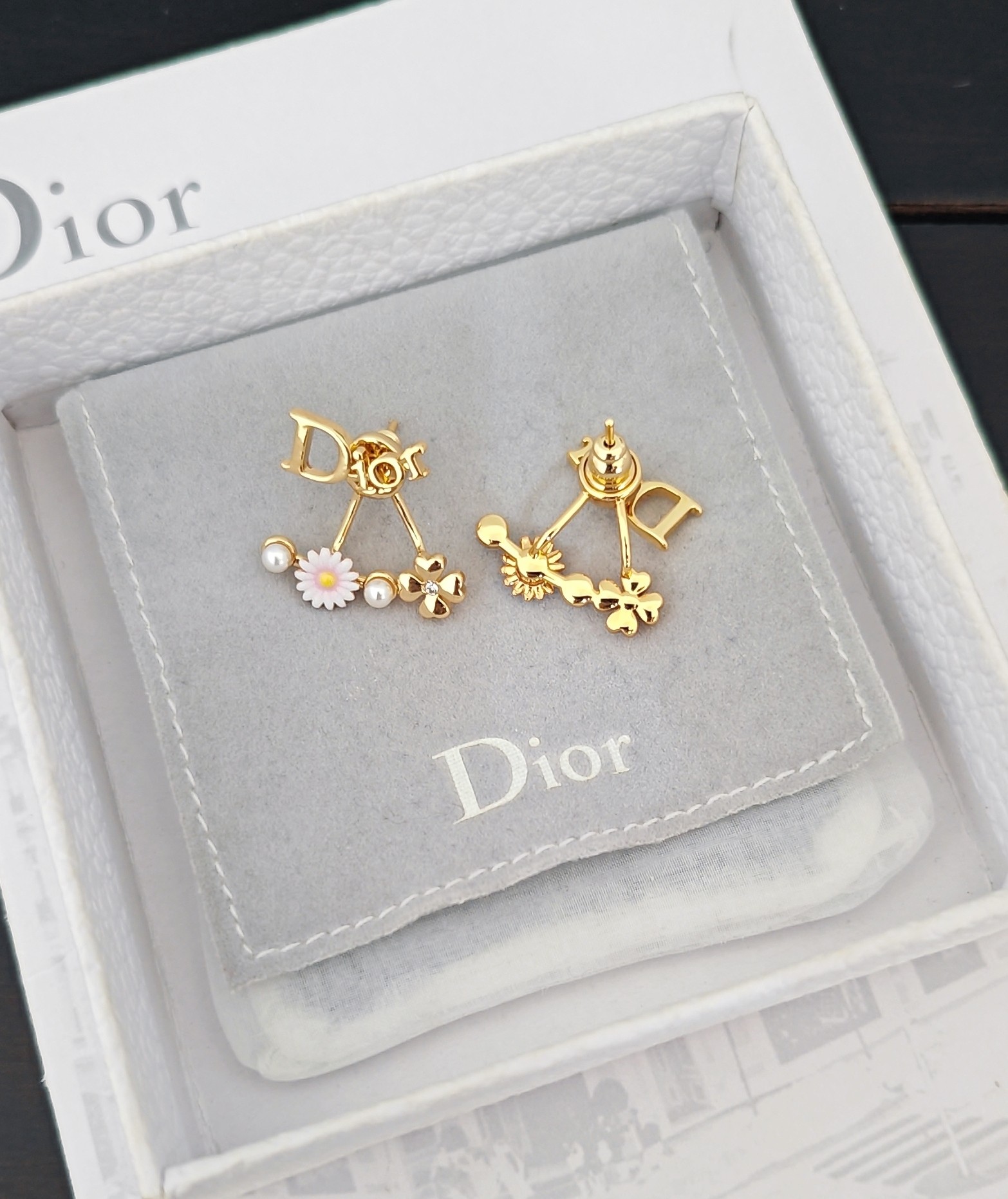 Dior CD Pink Flower Fan Stud Earrings