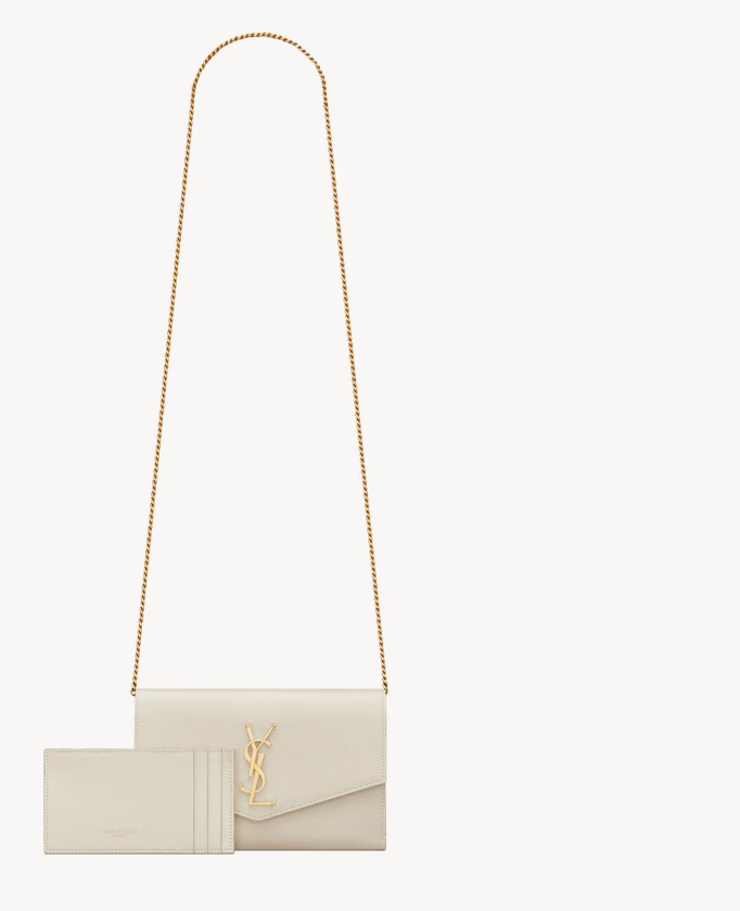 Saint Laurent White Uptown Chain Wallet in Grained leather