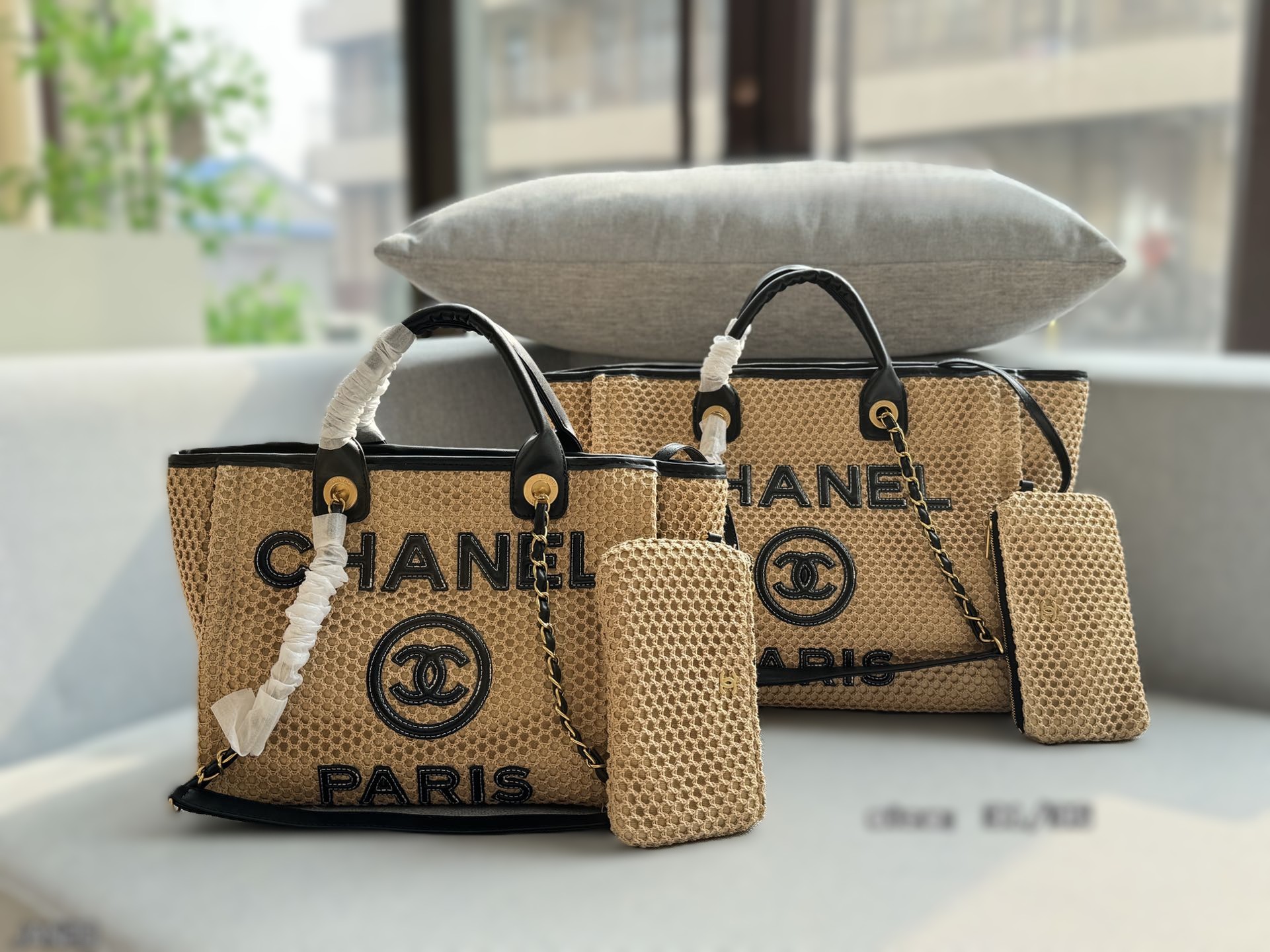 Chanel Large/Medium Deauville Logo Leather Crochet Mesh Raffia Beach Tote Bag With Pouch - KAIROO