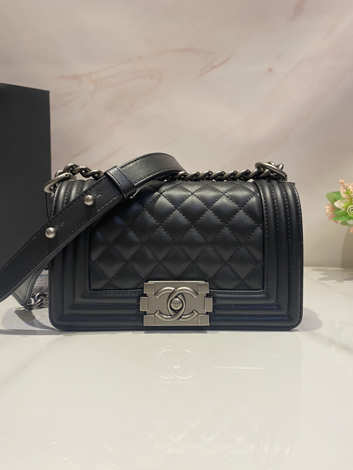 Chanel Small Boy Bag in Black Calfskin Ruthenium-Finish Metal