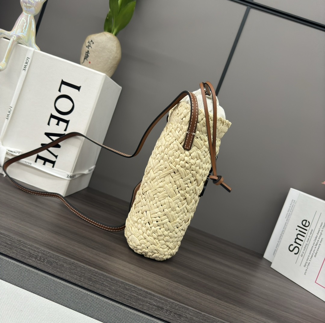 Loewe Woven Straw Smooth Leather Anagram Vertical Phone Pouch Drawstring Shoulder Bag - KAIROO