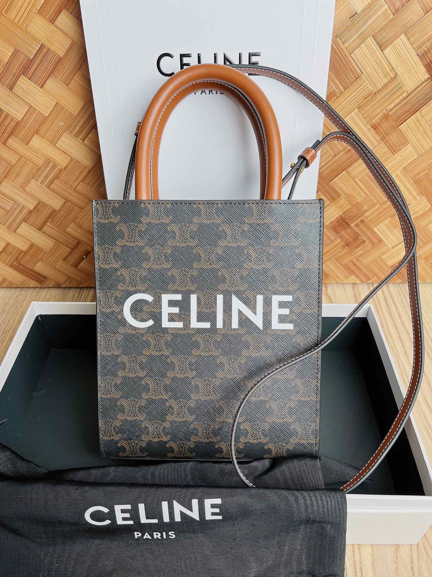 Celine Mini Triomphe Monogram Canvas Leather Logo Print Vertical Cabas Tote Bag - KAIROO