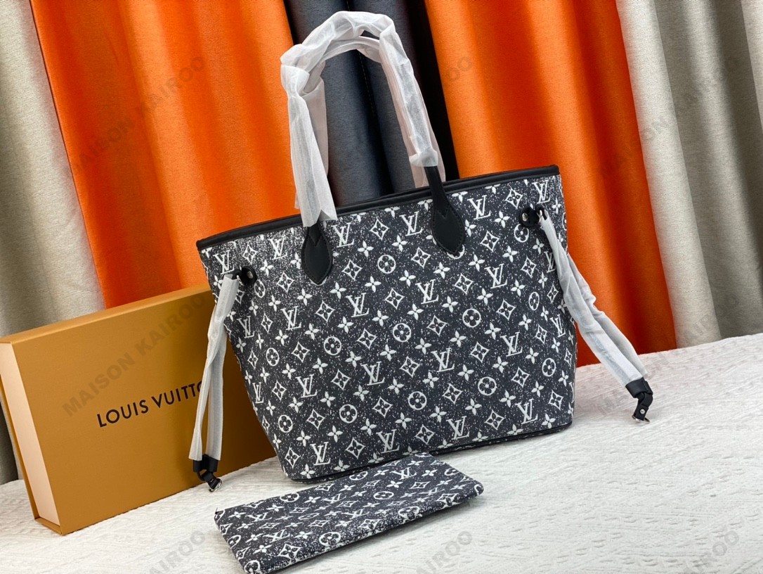 Louis Vuitton LV Neverfull MM Dense Monogram Jacquard Denim Tote Shoulder Bag With Pouch - KAIROO