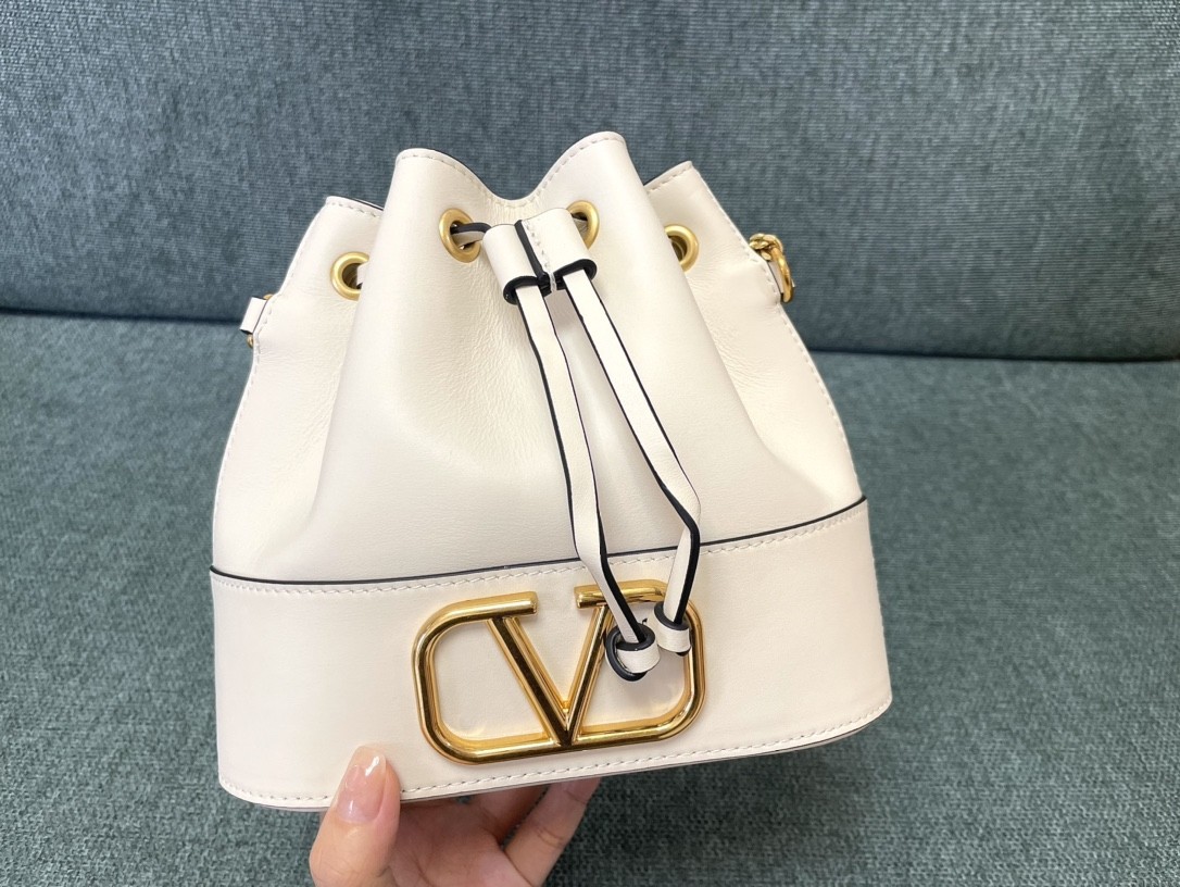 Valentino White Gold VLogo Signature Smooth Leather Drawstring Bucket Crossbody Bag - KAIROO