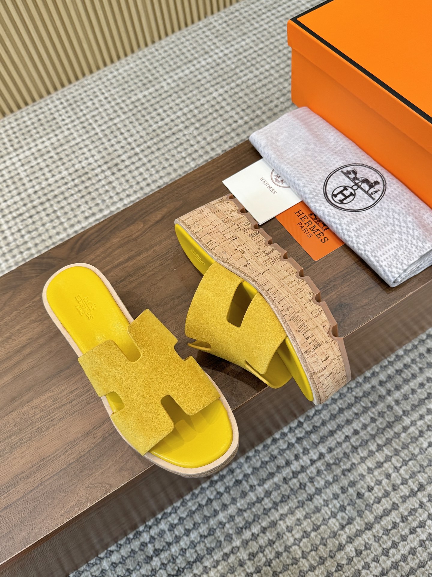 Hermes Yellow Suede Leather H-Cutout Cork Sole Slide Sandal - KAIROO