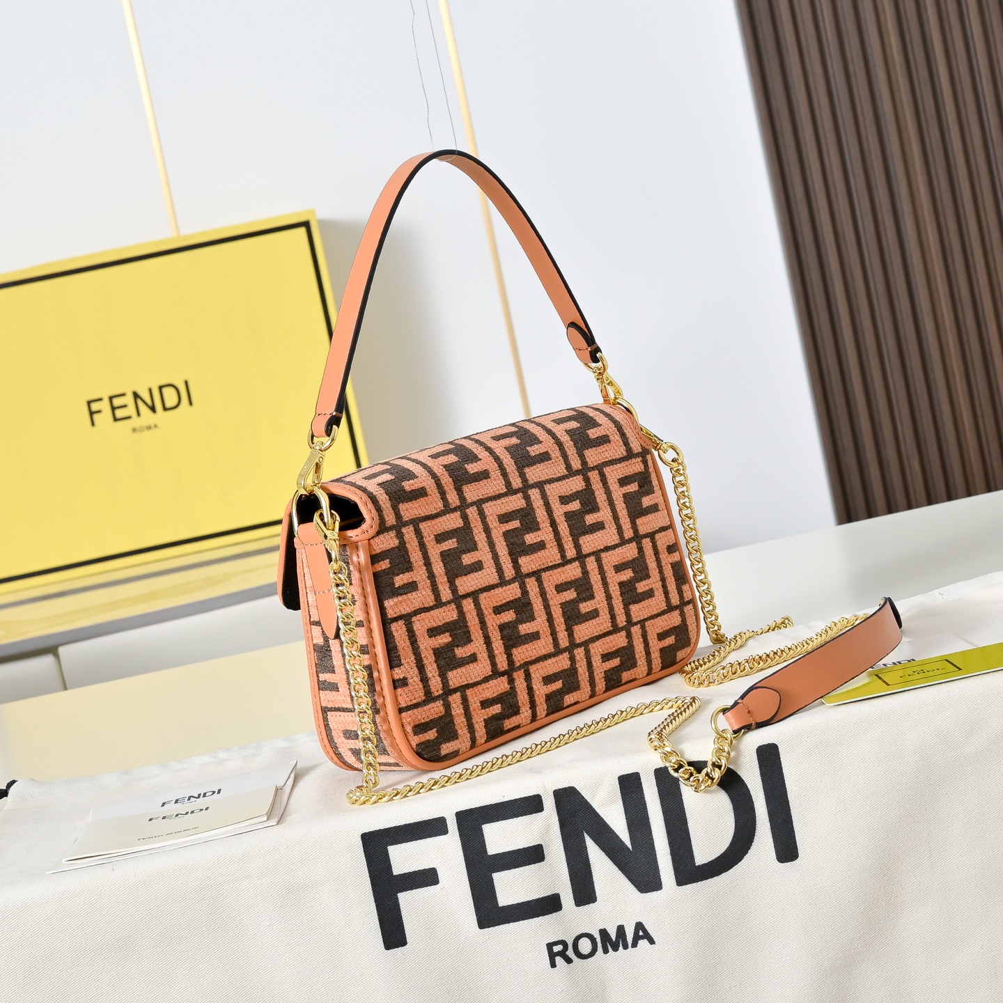 Fendi Peach Rectangular FF Monogram Raffia Weave Chain Baguette Bag - KAIROO