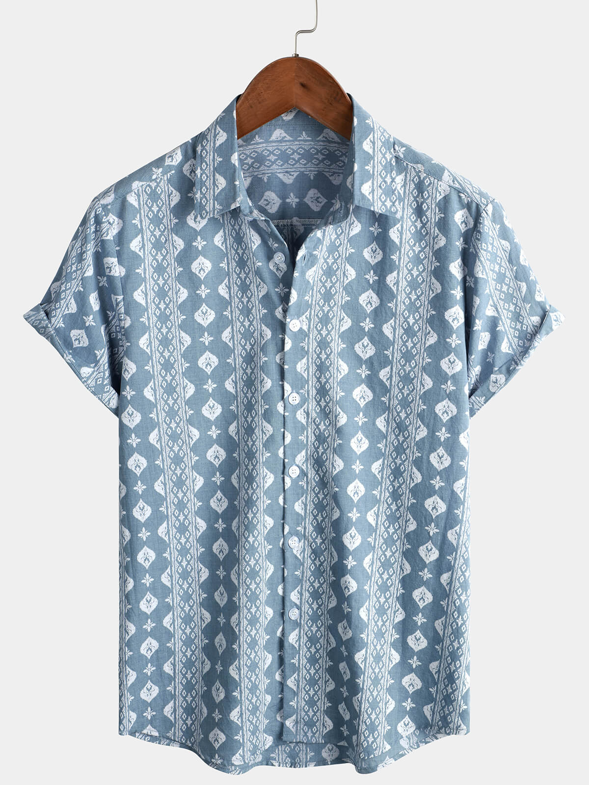 Men's Vintage Blue Retro Cotton Summer Button-Up Short Sleeve Shirt
