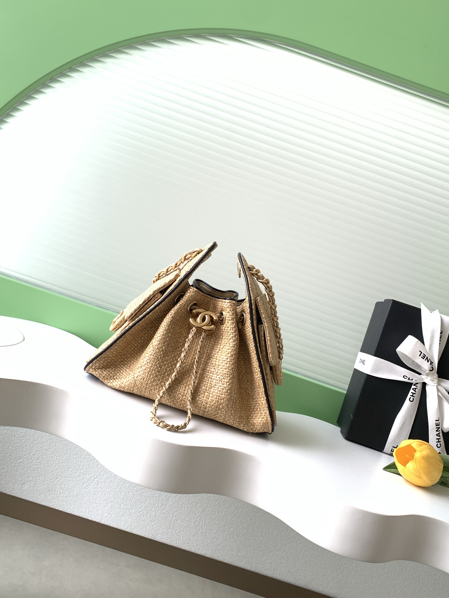 Chanel 25 Mini Handbag in beige and Black Braided Raffia