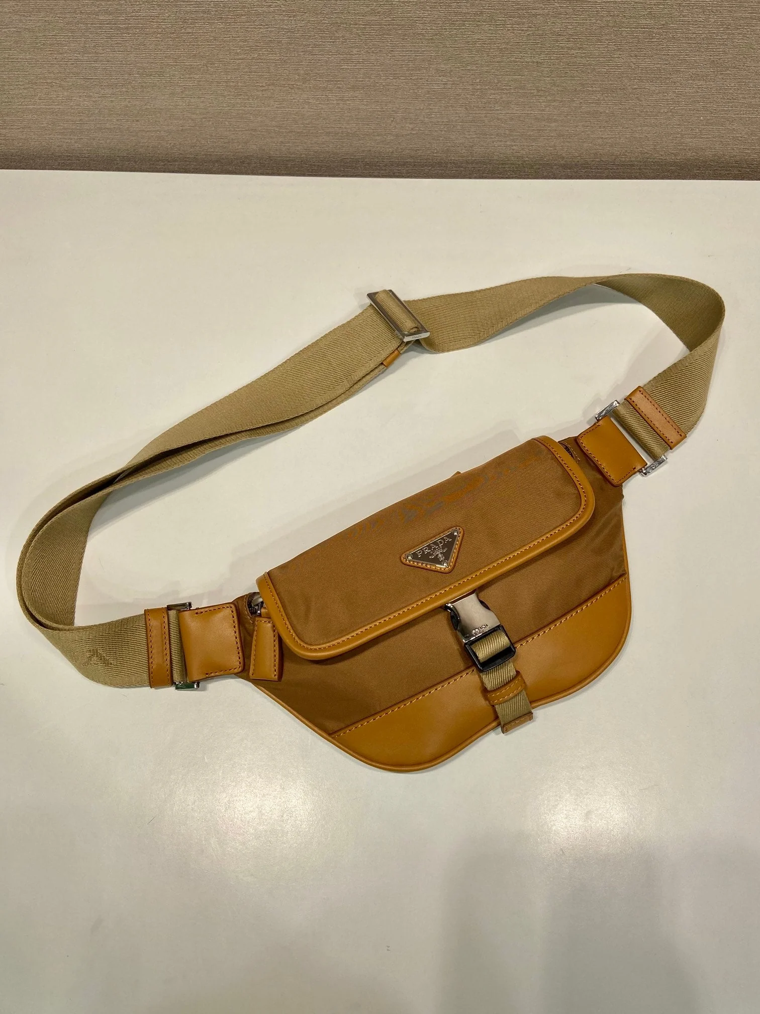 Prada BAG 18 IN SEPIA BROWN RE-NYLON AND CALFSKIN TRIM