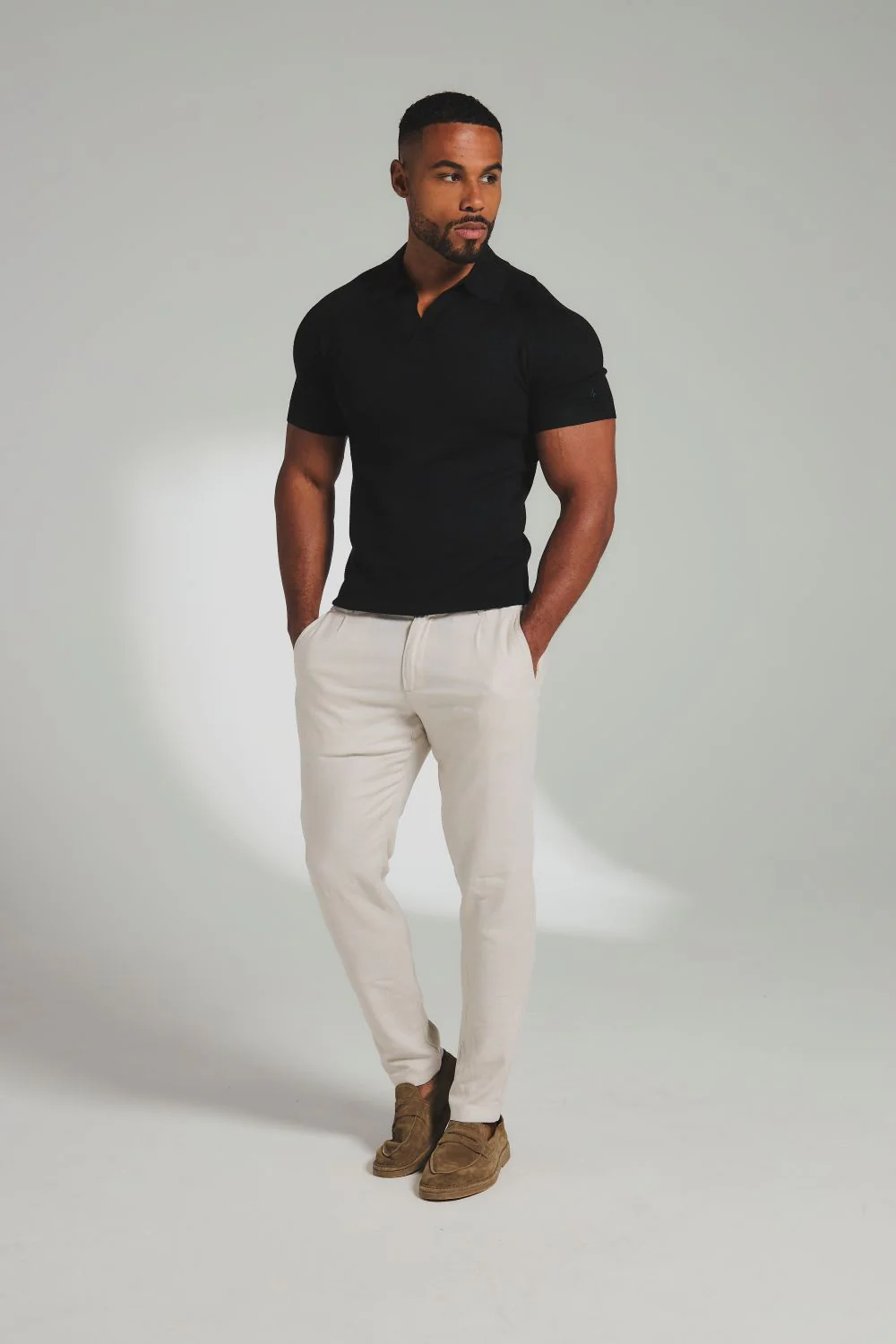 Square Textured Knitted Open Collar Polo Shirt in Black