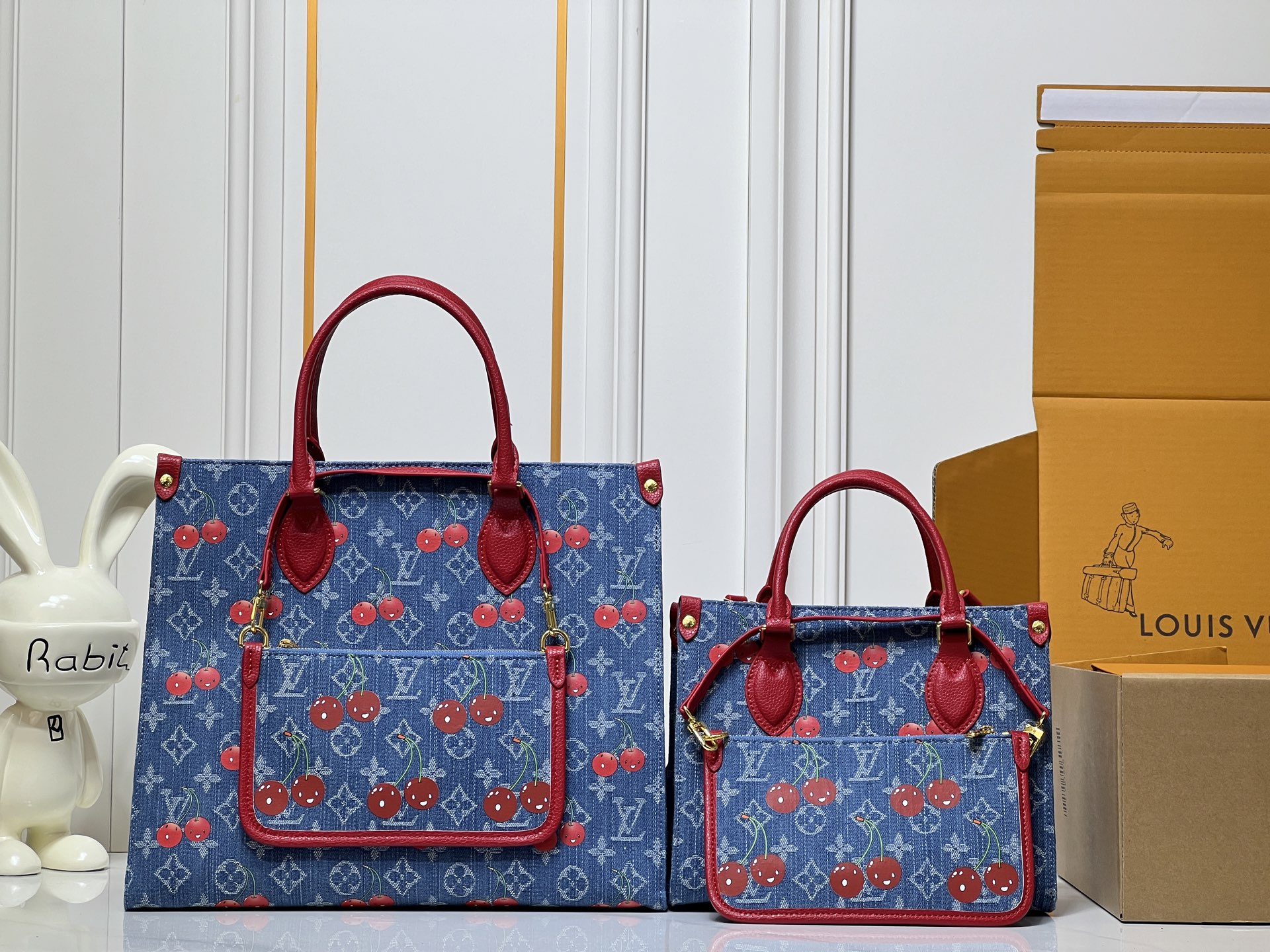 Louis Vuitton LV× TM OnTheGo PM/MM Blue Denim Cherry Monogram Top Handle Tote Bag With Pouch - KAIROO