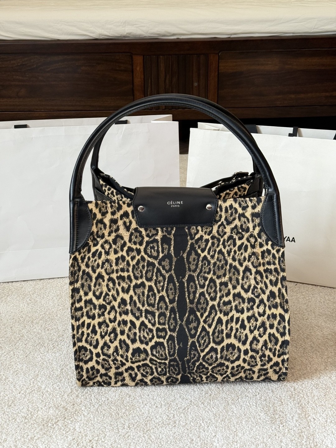 Celine All-over Leopard Print Fabric Leather Handle Capacity Tote Bag - KAIROO