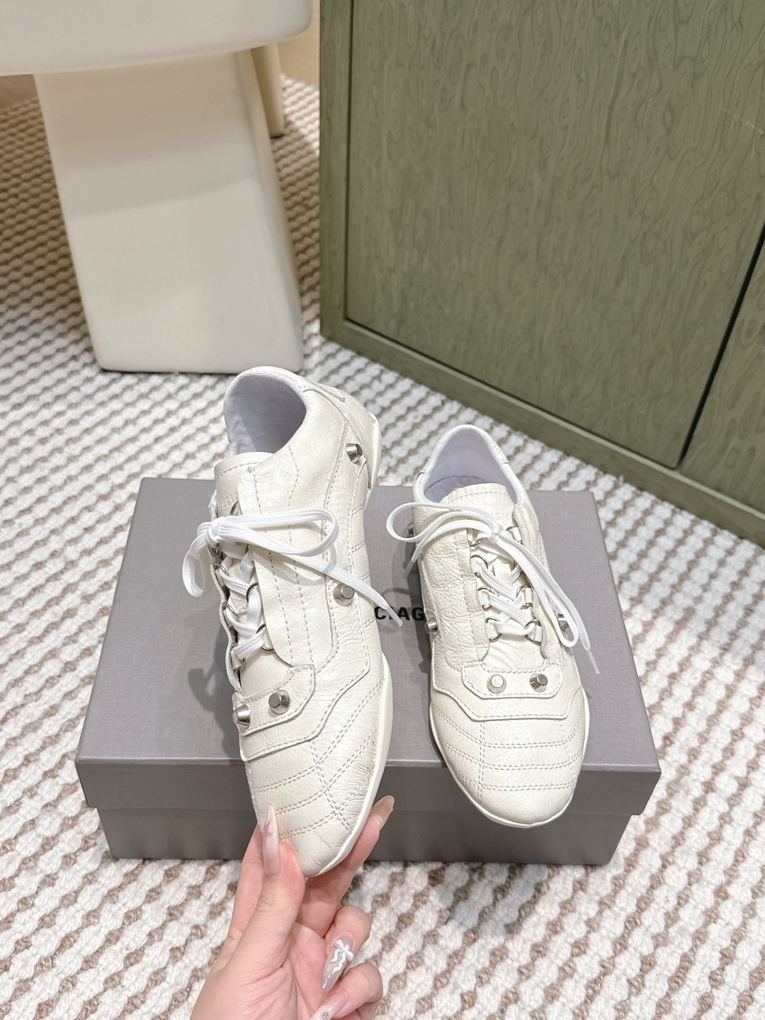 Balenciaga Cagole White Arena Studded Quilted Leather Speed GAT Sneakers - KAIROO