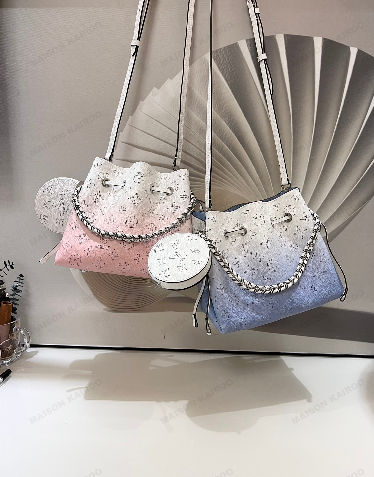 【10A】Louis Vuitton LV Mahina Bella Pink&Blue Gradient Perforated Monogram Leather Drawstring Bucket Shoulder Bag - KAIROO