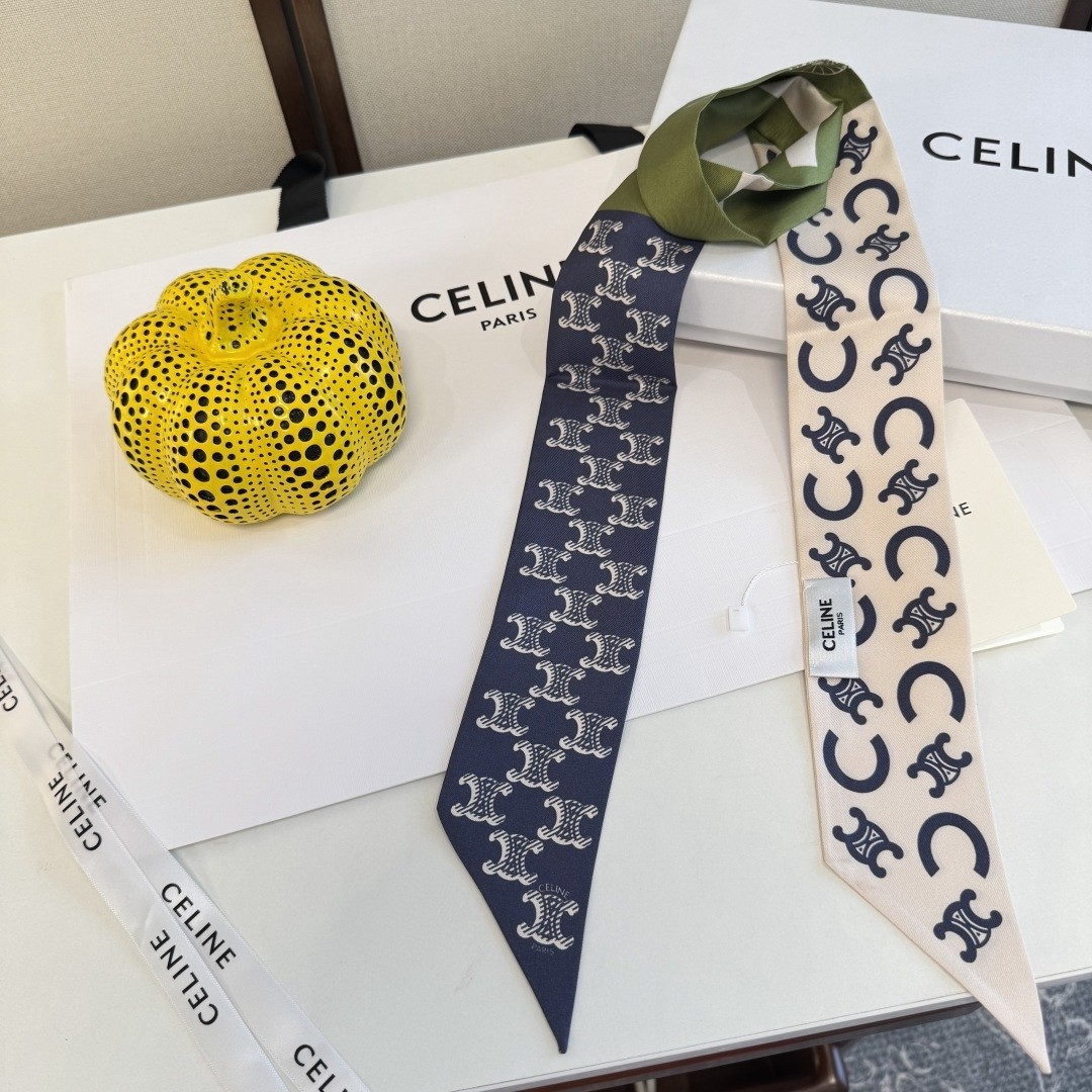 Celine Navy Blue Green Carriage Monogram Print Silk Twill Skinny Scarf - KAIROO