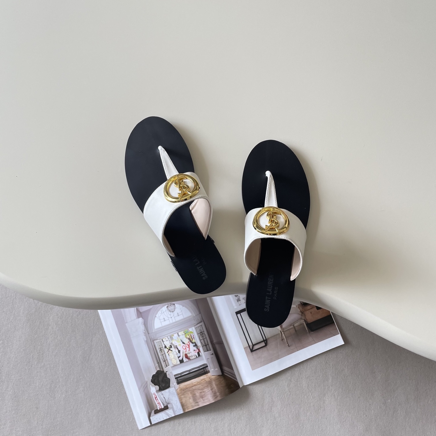 Saint Laurent Round Gold YSL Emblem Smooth Leather T-Strap Flat Slide Thong Sandals - KAIROO