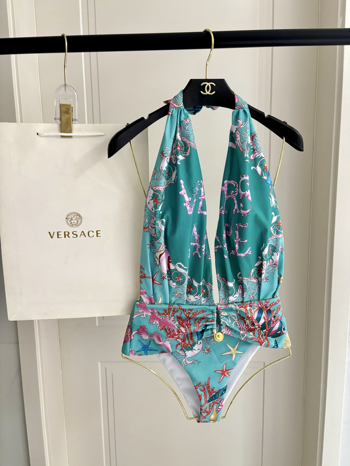 Versace Turquoise Trésor De La Mer Print Waist Clasp Medusa Clasp Halter One-Piece Swimsuit - KAIROO