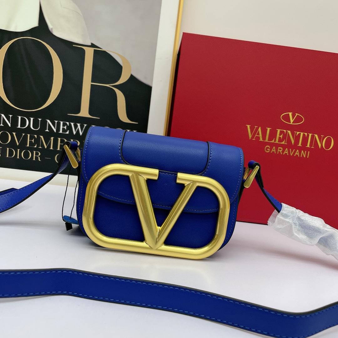 Valentino Mini& Small Oversized VLogo Signature Blue Leather Maxi Gold Hardware Flap Shoulder Bag - KAIROO