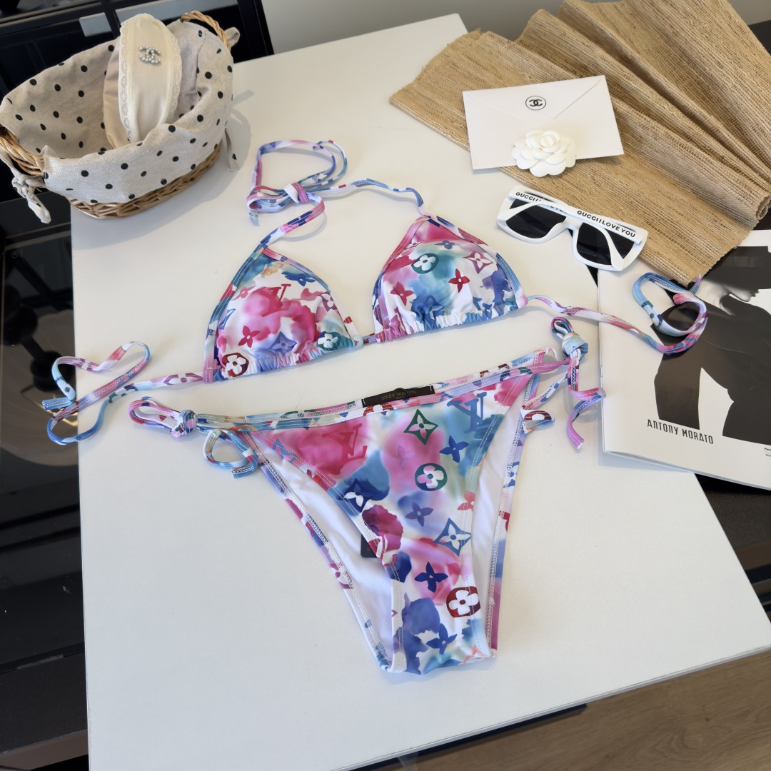 Louis Vuitton LV  Monogram Multicolor Watercolor Print Tie Strap Triangle Bikini Two-Piece Swimsuit - KAIROO