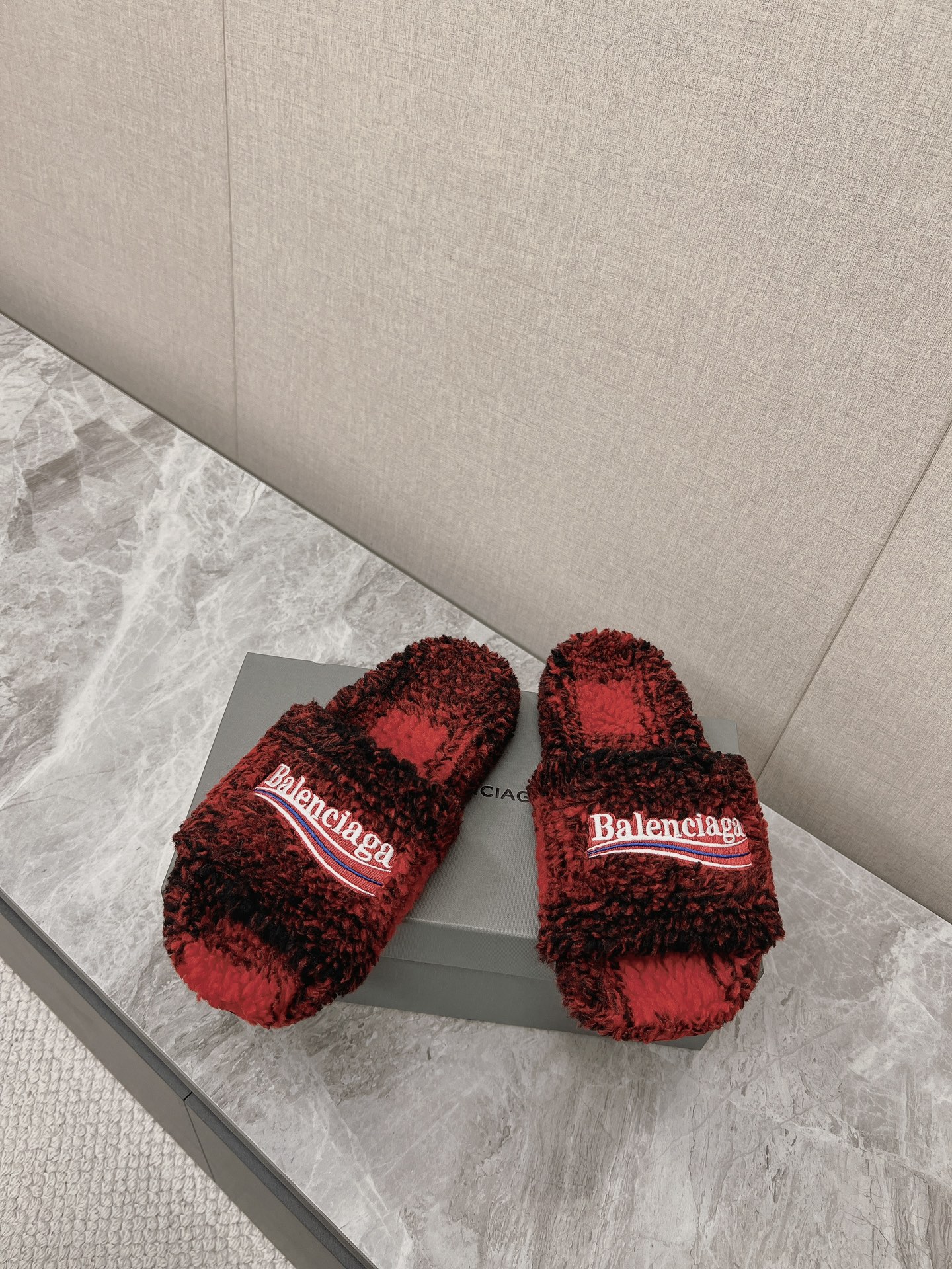 Balenciaga Political Campaign Logo Round Toe Red Black Plaid Faux Fur Slippers - KAIROO