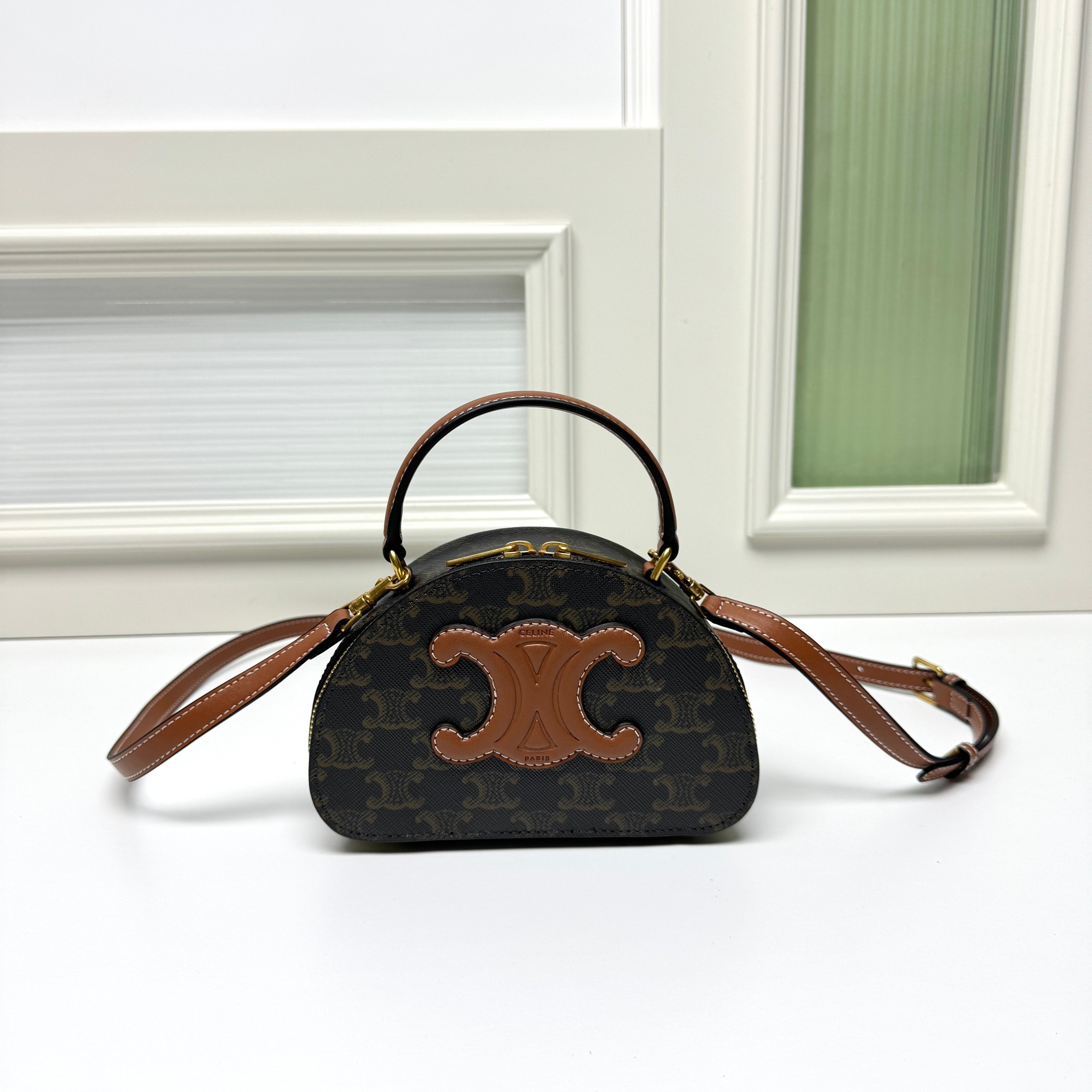 Celine Mini Tan Triomphe Monogram Canvas Leather Logo Trim Half Moon Besace Crossbody Bag - KAIROO