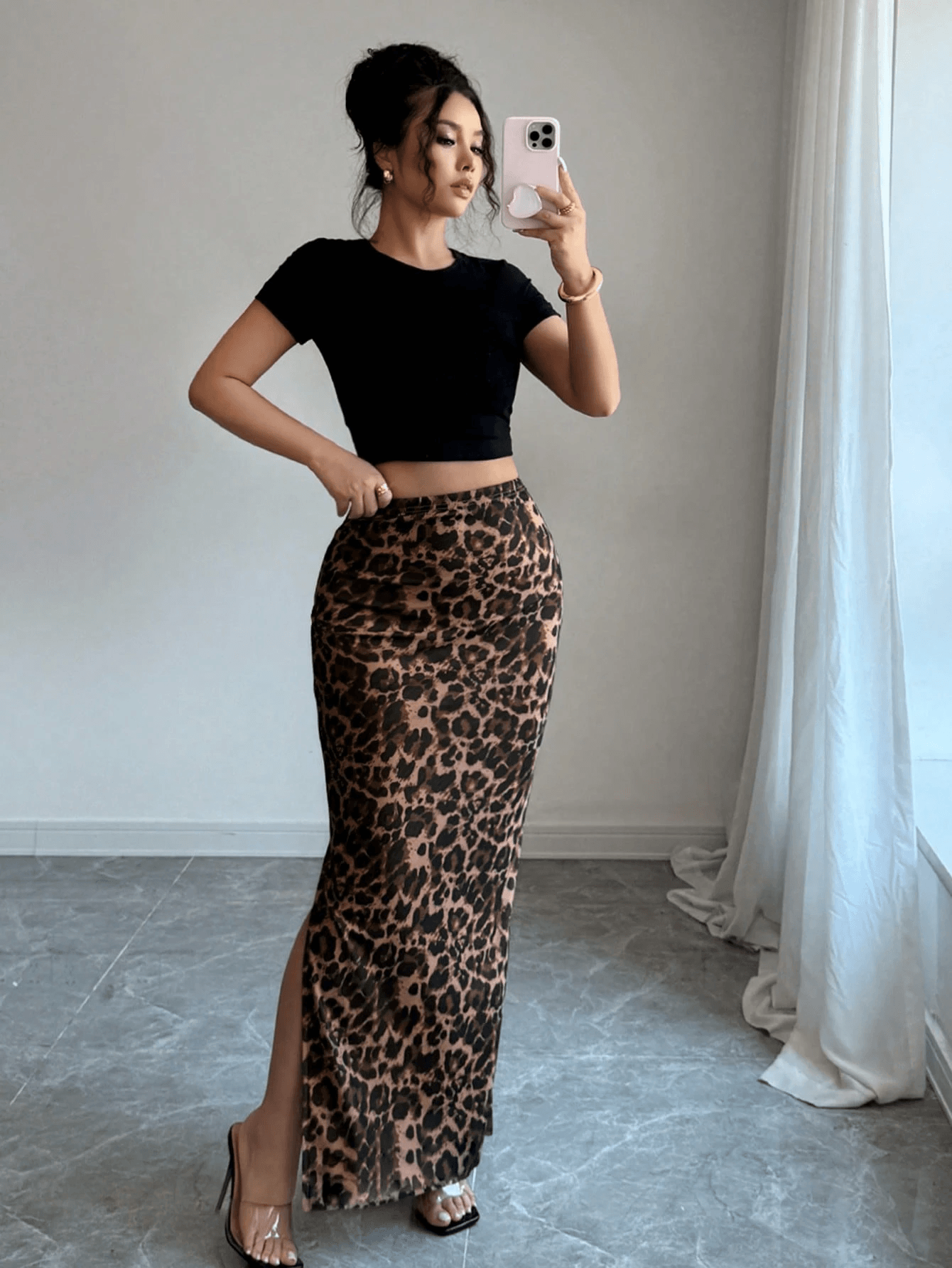 Women's Leopard Print Mesh Fitted Skirt